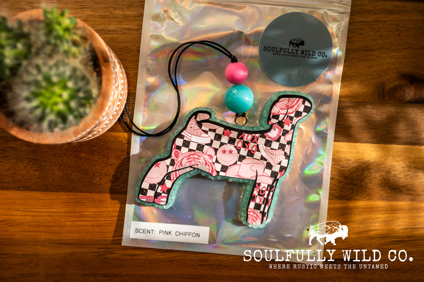 Soulful Air Freshener: Show Goat "Checker with Pink Accents" (Scent: Pink Chiffon)