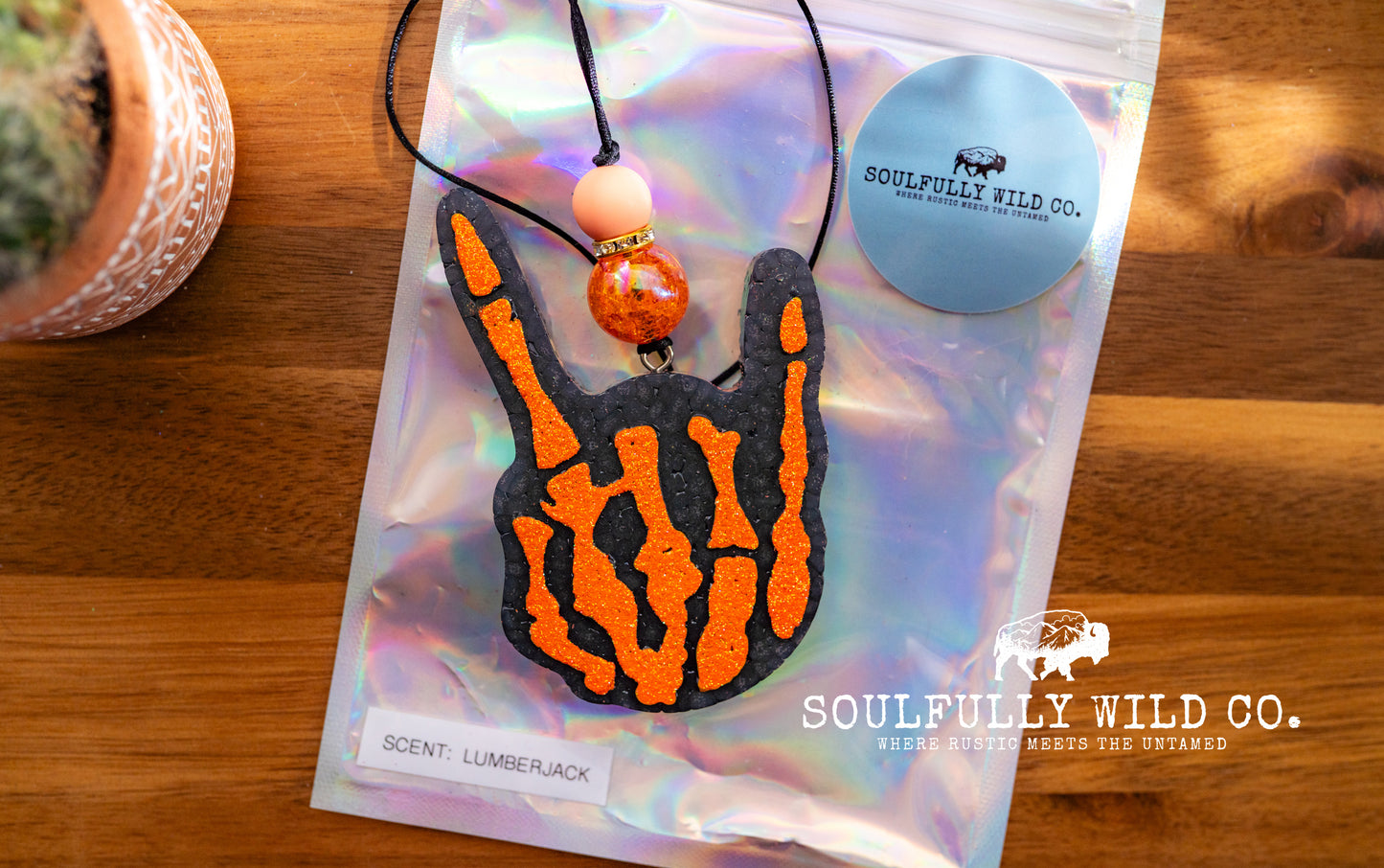 Soulful Air Freshener: Skelton Hand Black/Orange (Scent: Lumberjack)