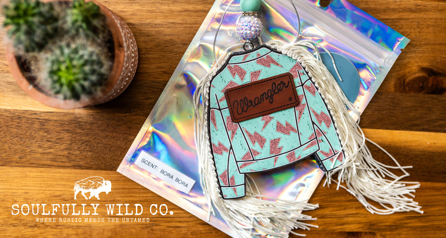 Soulful Air Freshener: Jacket "Wrangler" with pink lightning bolts (Scent: Bora Bora)