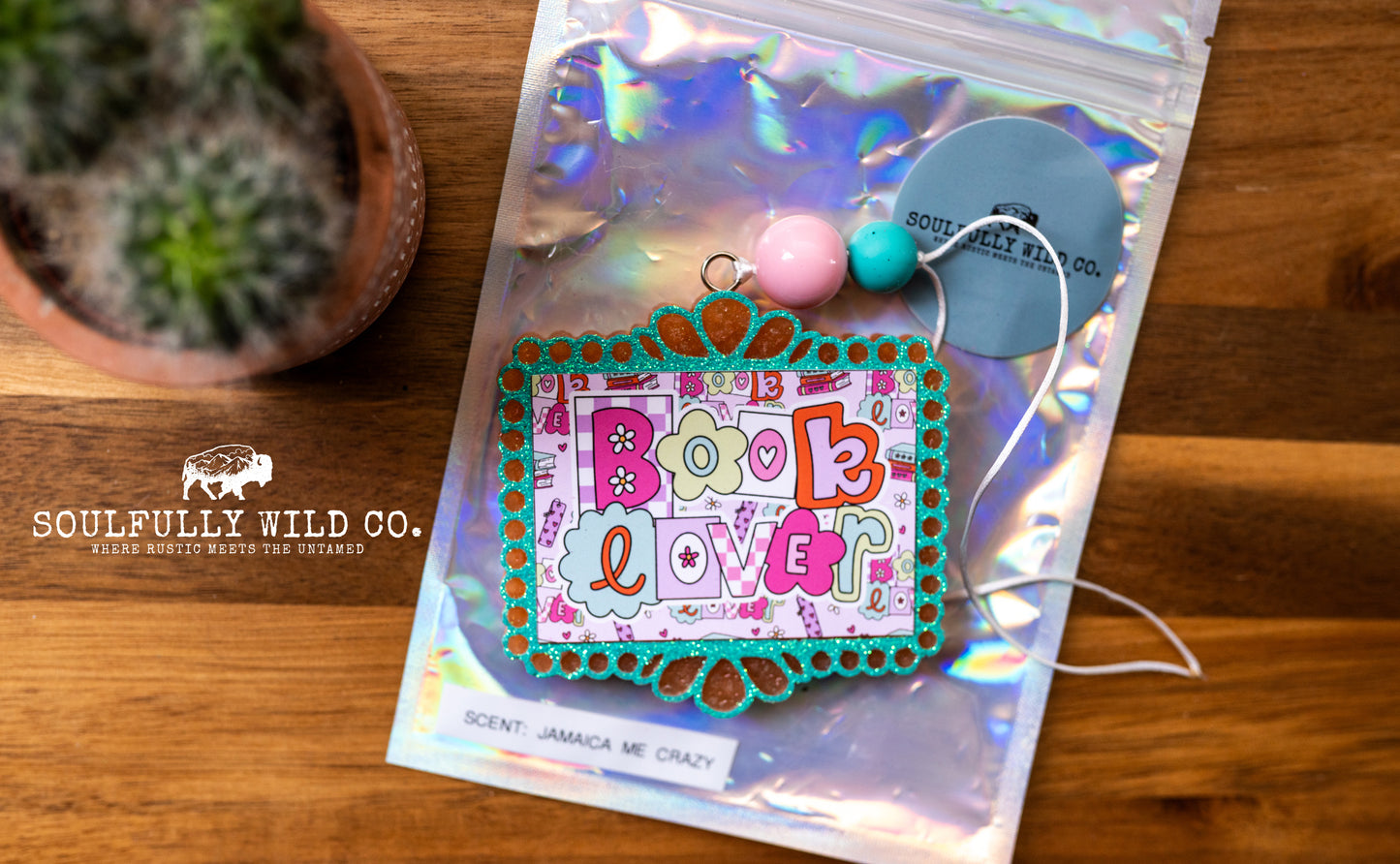 Soulful Air Freshener: Rectangle Frame "Book Lover" (Scent: Jamaica Me Crazy)