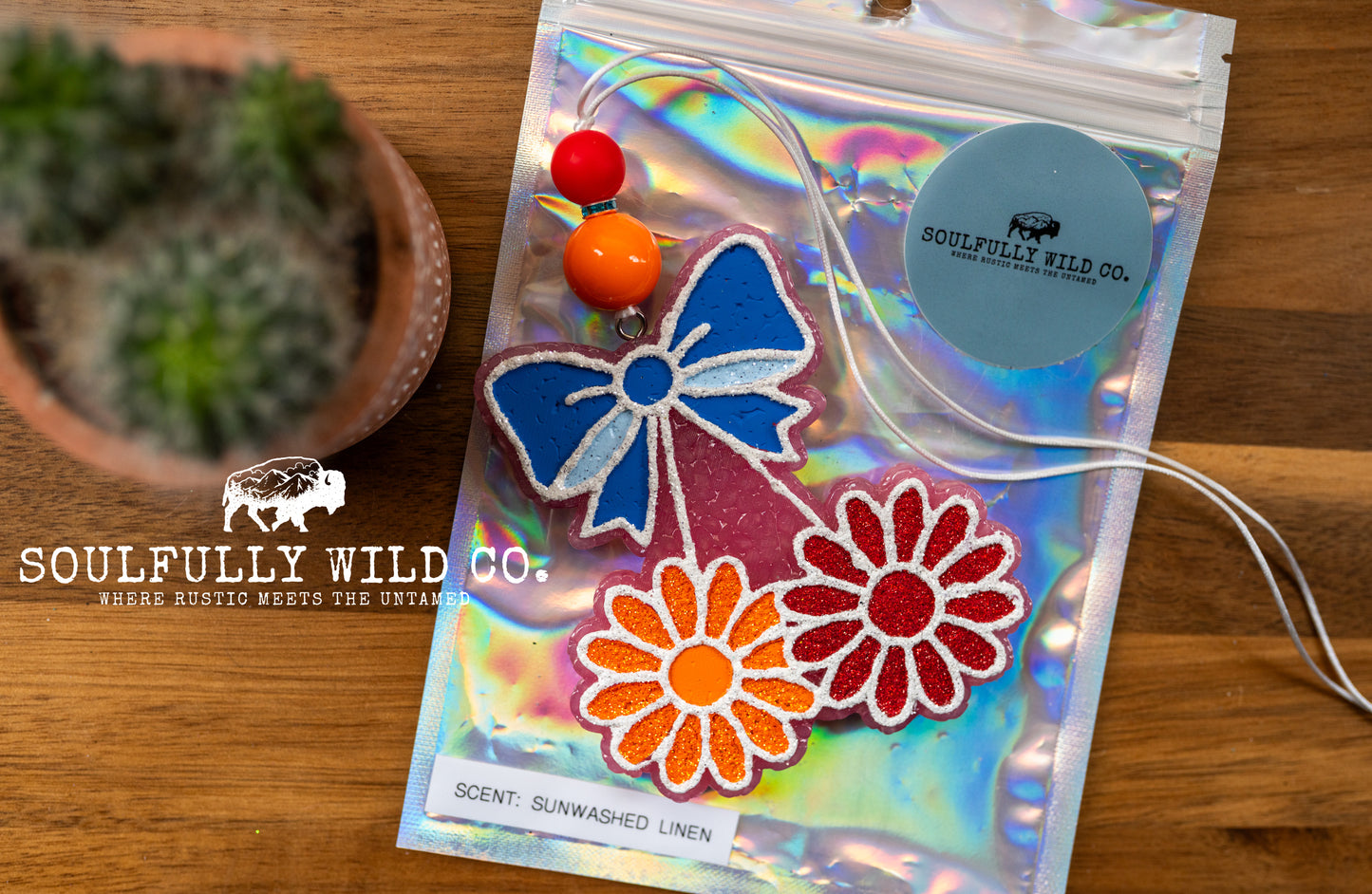 Soulful Air Freshener: Bow with Flowers /Blue, Orange and Red (Scent: Sunwashed Linen)