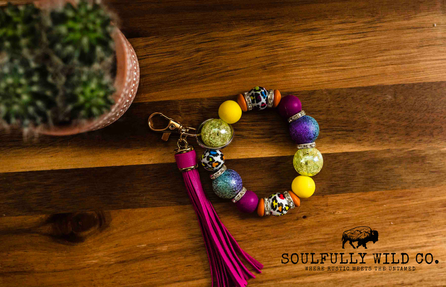 Wild Soul Keychain - Colorful Wristlet with Cow Print