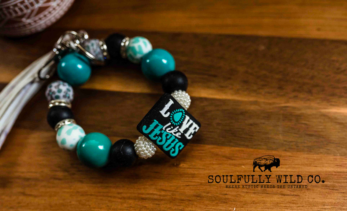 Wild Soul Keychain - Cow print, Black and Turquoise I love Jesus Wristlet