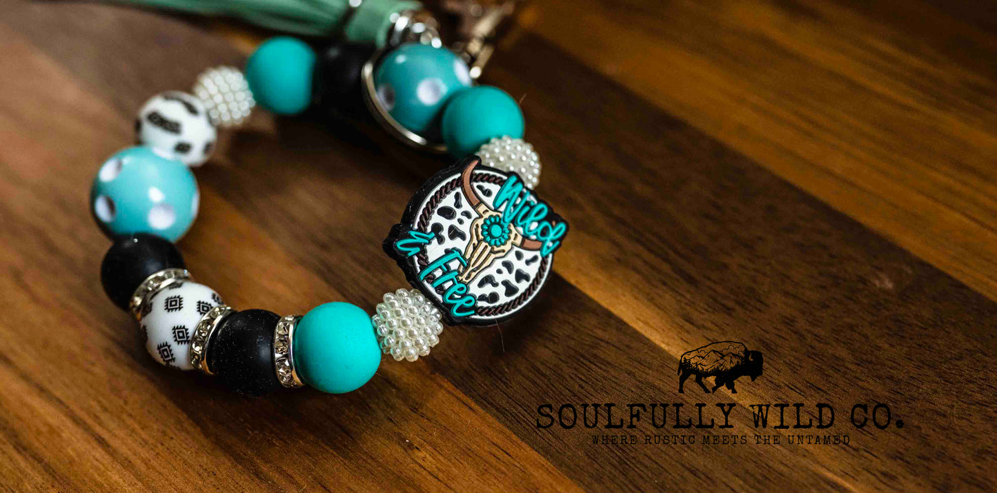 Wild Soul Keychain - Cow print, Black and Turquoise Wild & Free Wristlet