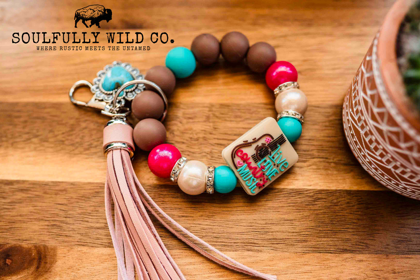 Wild Soul Keychain - Print, Brown, Turquoise Live Love Country Music Wristlet