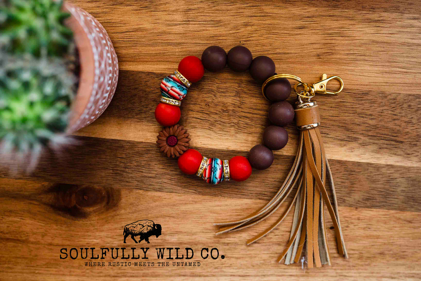 Wild Soul Keychain - Dark Brown, Red, Aztec Print, Brown Flower Wristlet