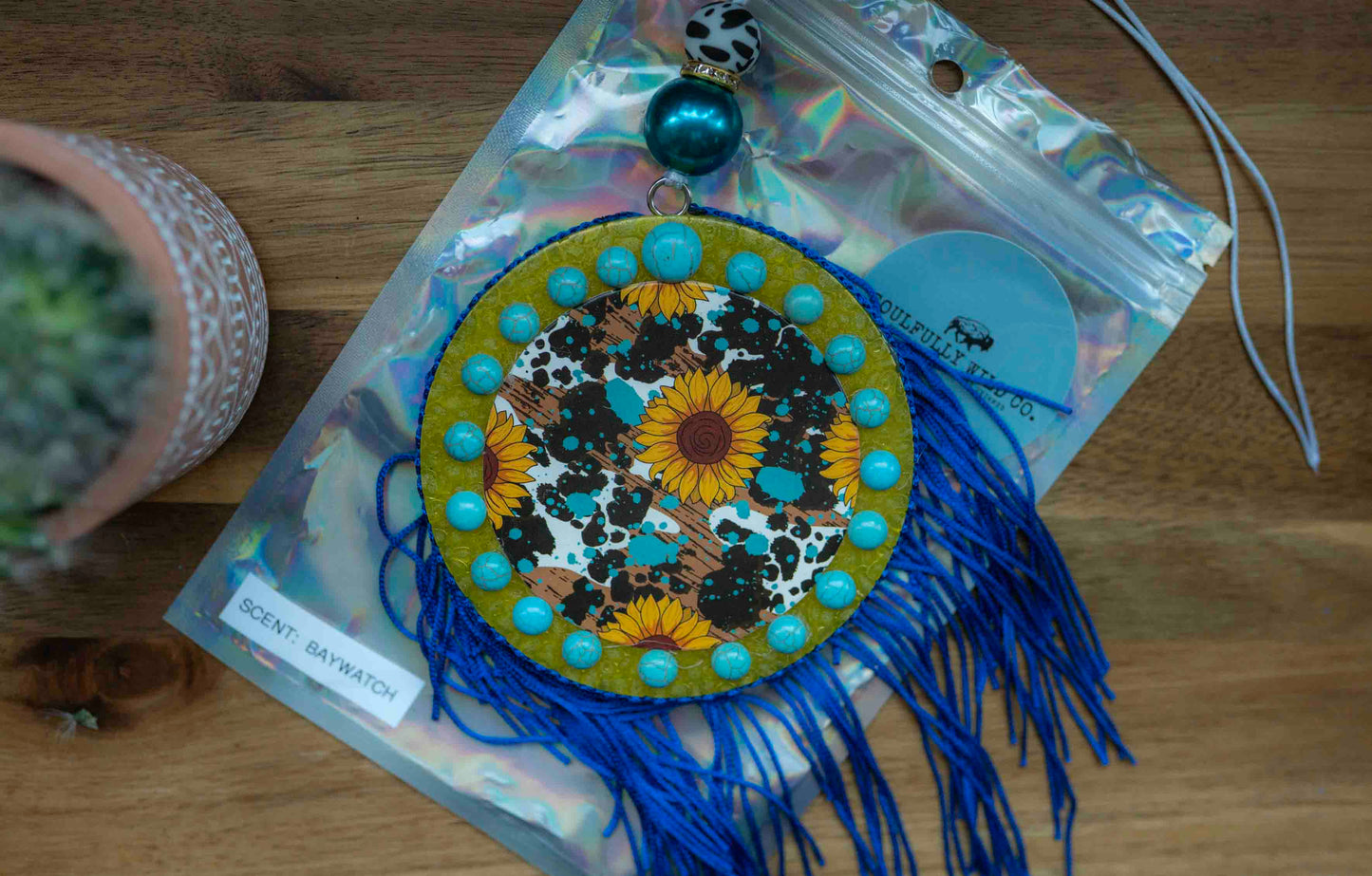 Soulful Air Freshener: Yellow Circle Sunflowers & Cow print with Blue Fringe