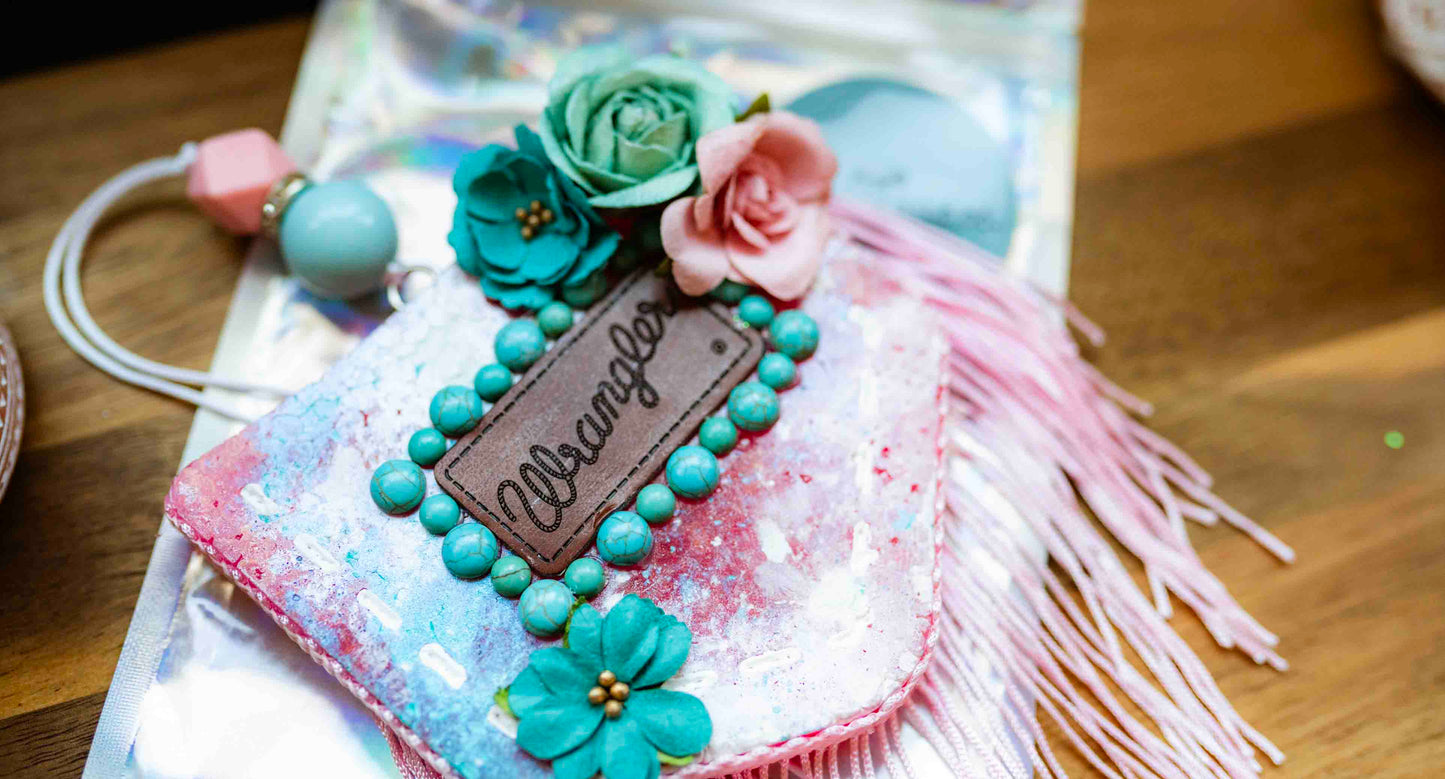 Soulful Air Freshener: "Wrangler Pocket" with Flowers, Light Pink Fringe, Turquoise Stones