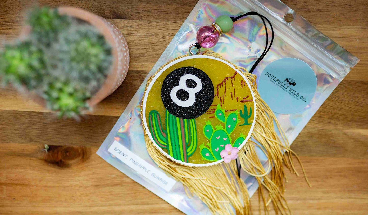 Soulful Air Freshener: 8 Ball, Yellow with Gold Fringe