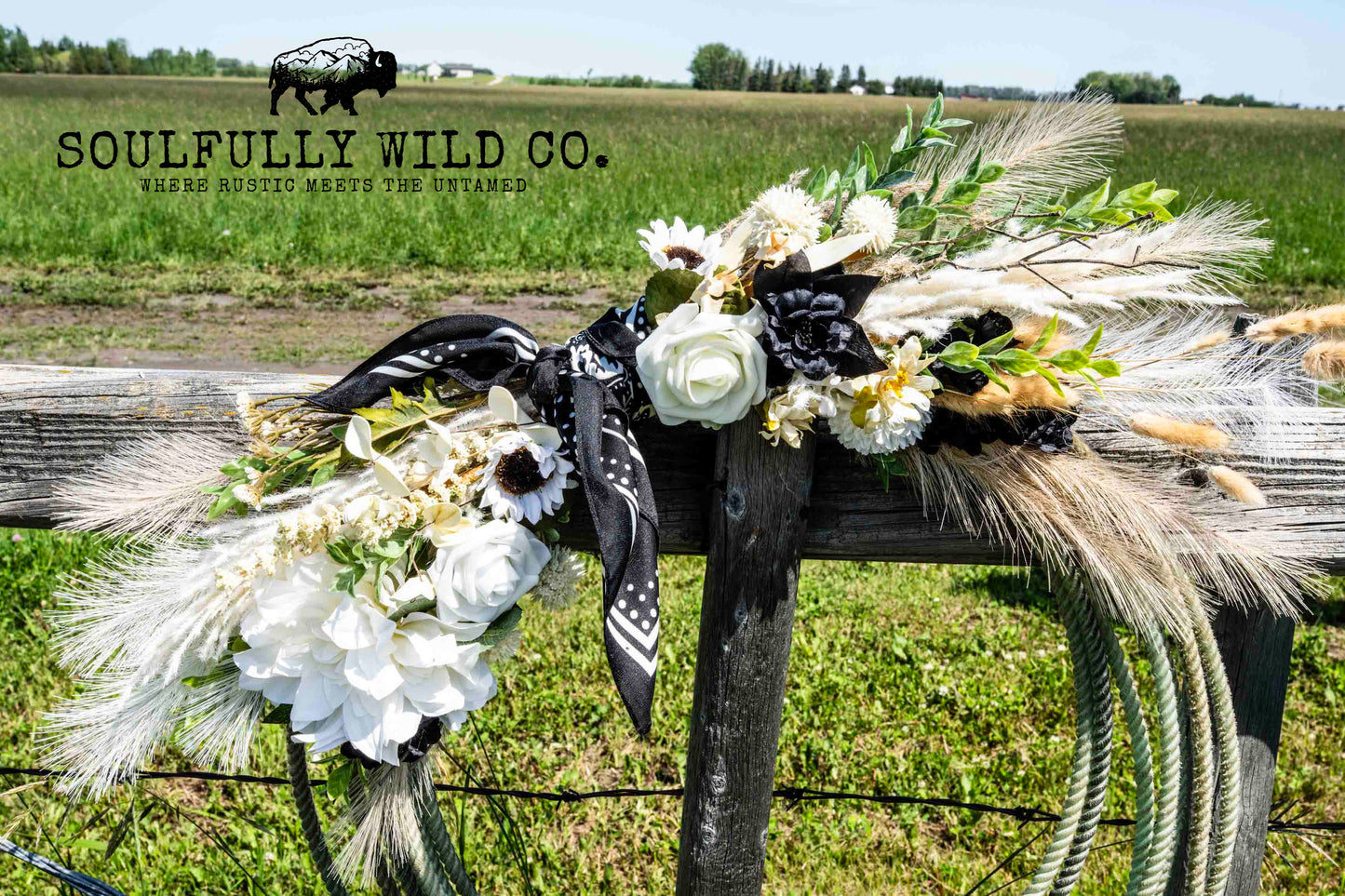 Western Soulful Rope Wreath - White, Tan, Black and Black Bandana