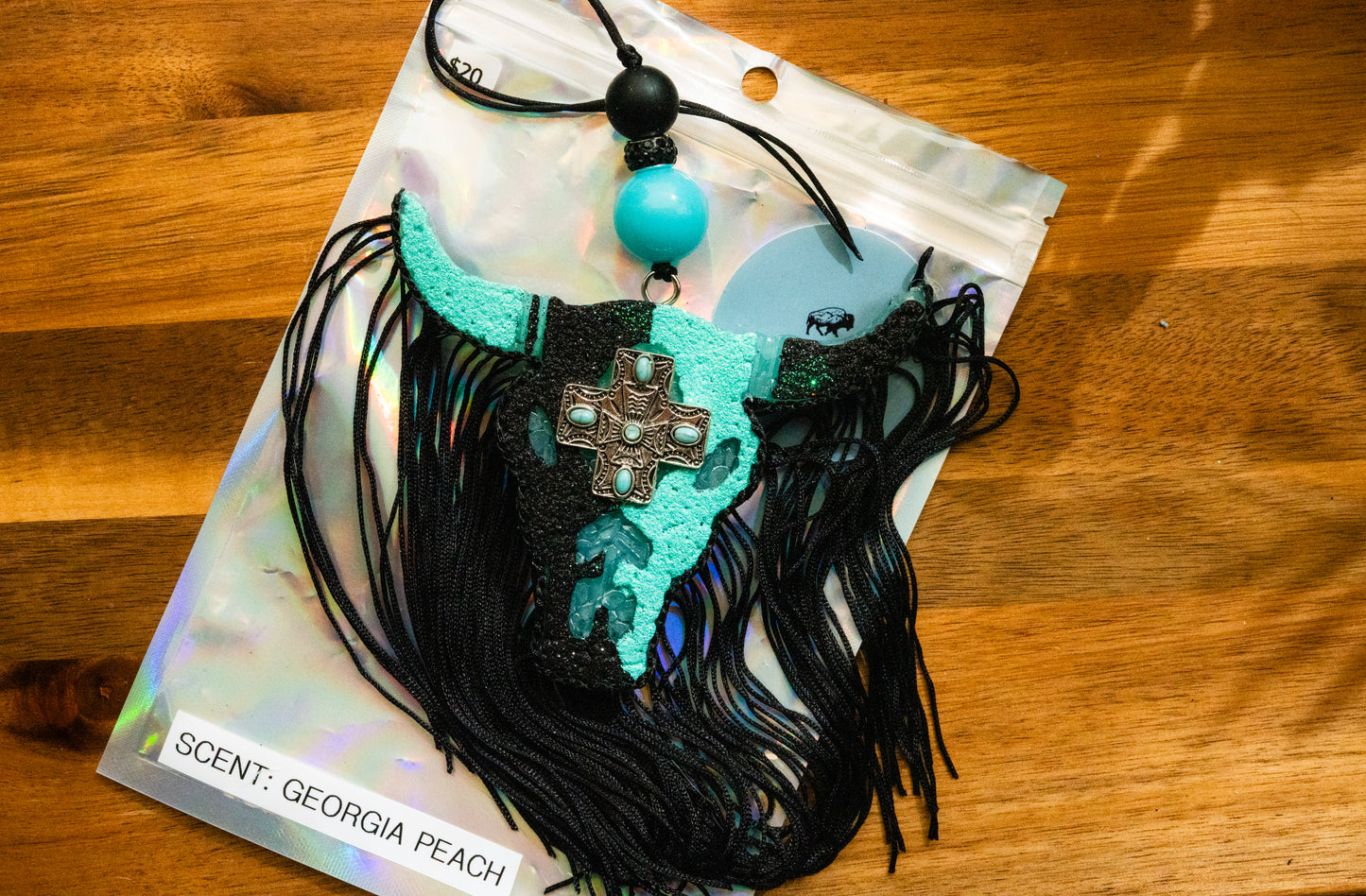 Soulful Air Freshener: Bullhead - Turquoise & Black with Cross (Scent: Georgia Peach)