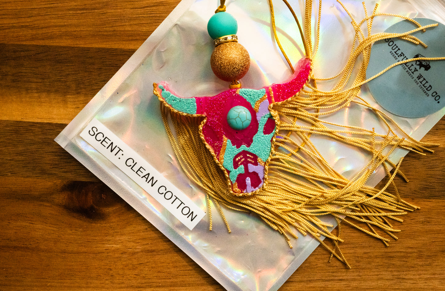 Soulful Air Freshener: Mini Bullhead - Turquoise, Pink, Purple & Gold with Turquoise Stone (Scent: Clean Cotton)