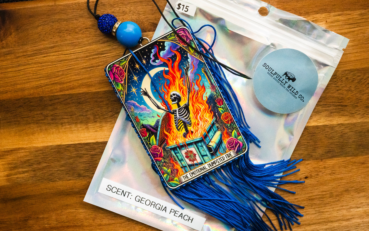 Soulful Air Freshener: Tarot Card "The Emotional Dumpster Fire" (Scent: Georgia Peach)