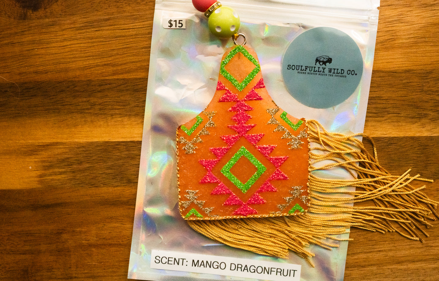 Soulful Air Freshener: Ear Tag Aztec Design - Orange, Pink, Gold & Green (Scent: Mango Dragonfruit)