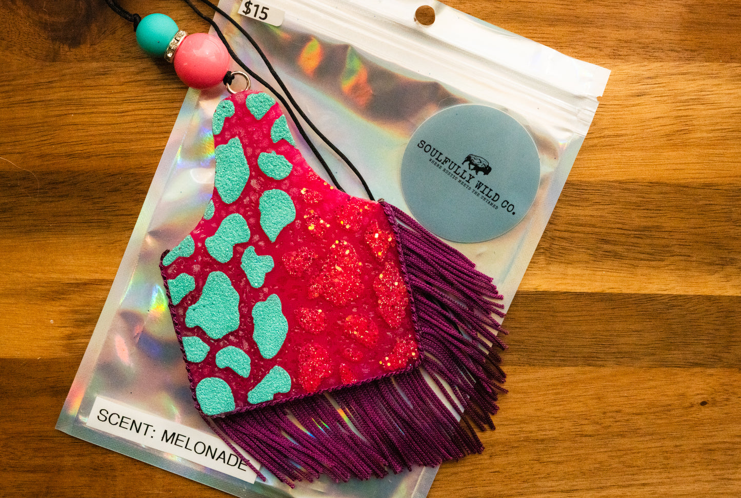 Soulful Air Freshener: Ear Tag Cow Print - Teal/Pink (Scent: Melonade)