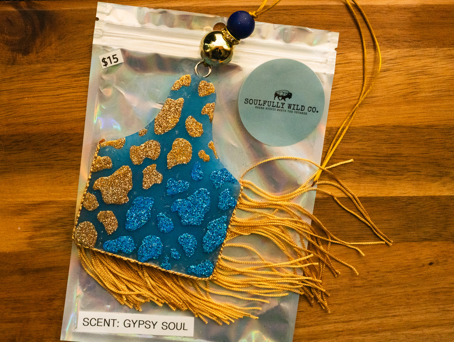 Soulful Air Freshener: Ear Tag Cow Print - Blue & Gold (Scent: Gypsy Soul)