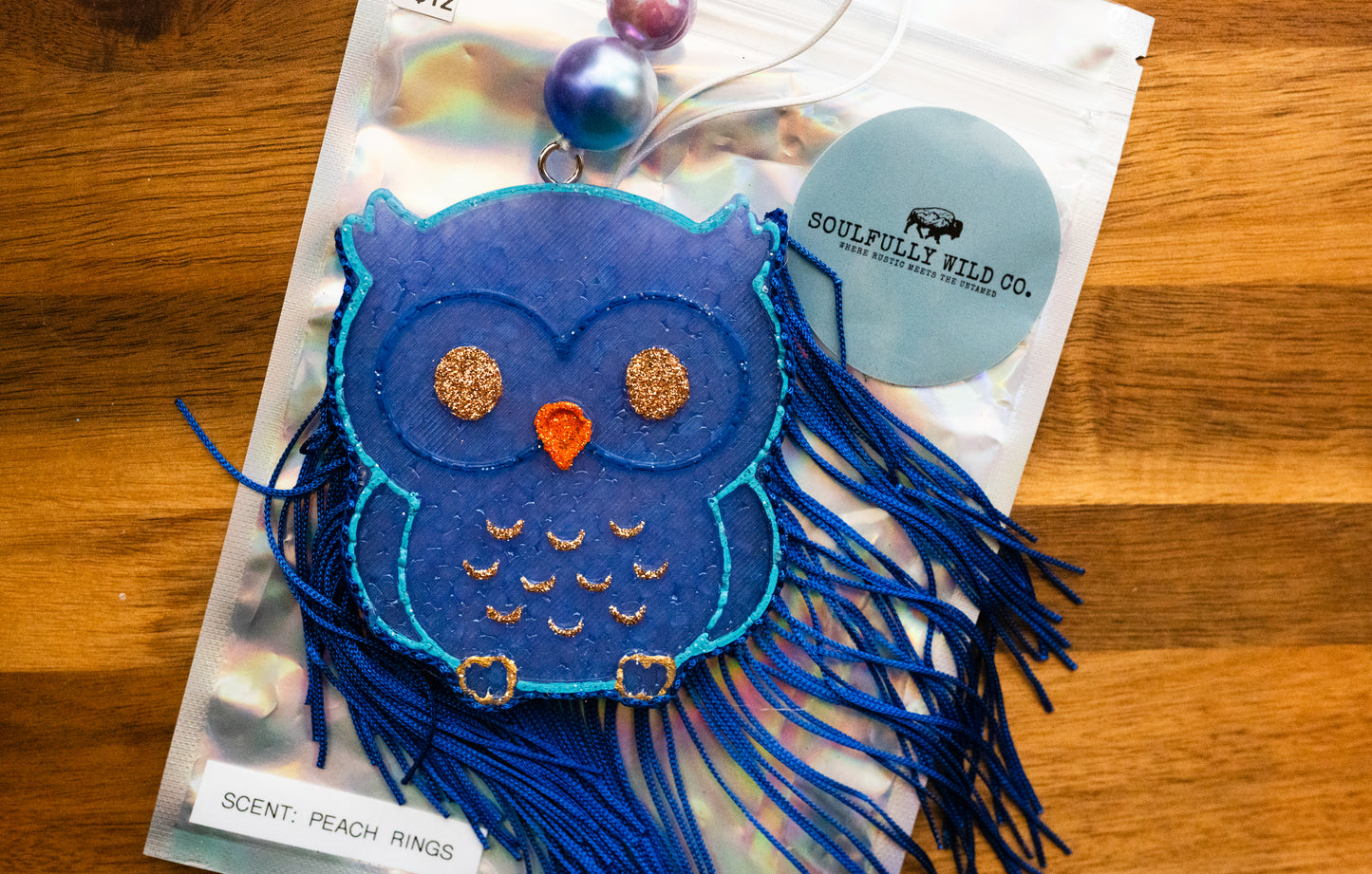 Soulful Air Freshener: Owl Blue/Gold (Scent: Peach Rings)