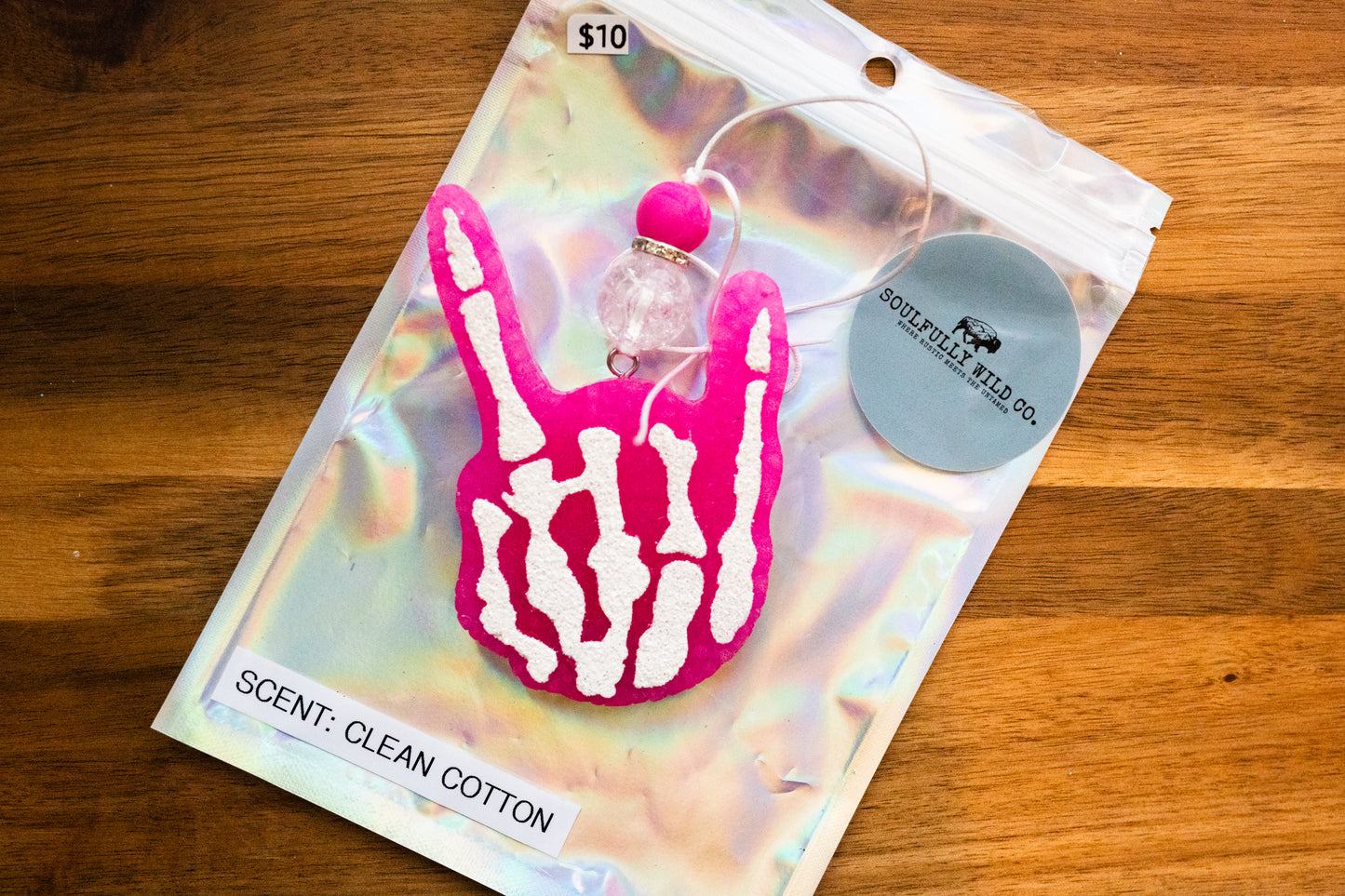 Soulful Air Freshener: Skelton Hand Pink/White (Scent: Clean Cotton)