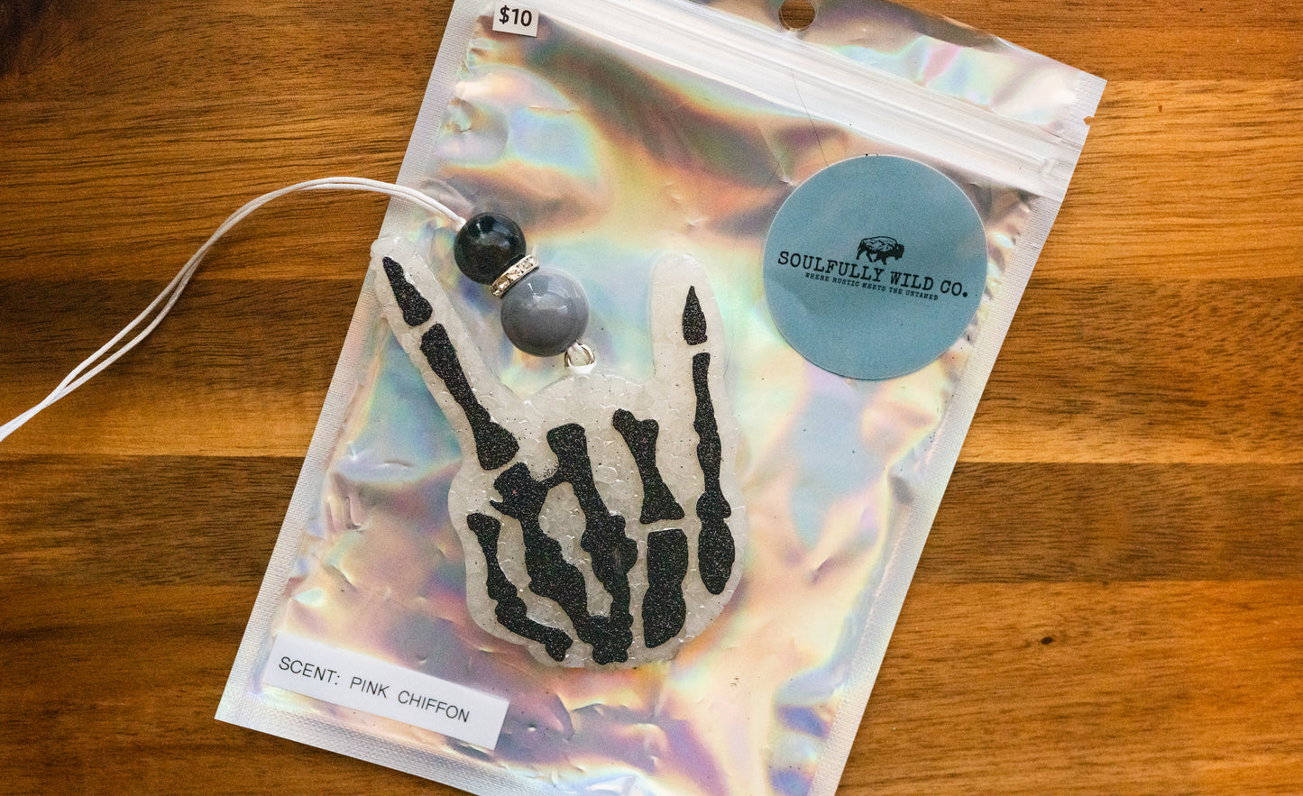 Soulful Air Freshener: Skelton Hand Black/White (Scent: Pink Chiffon)
