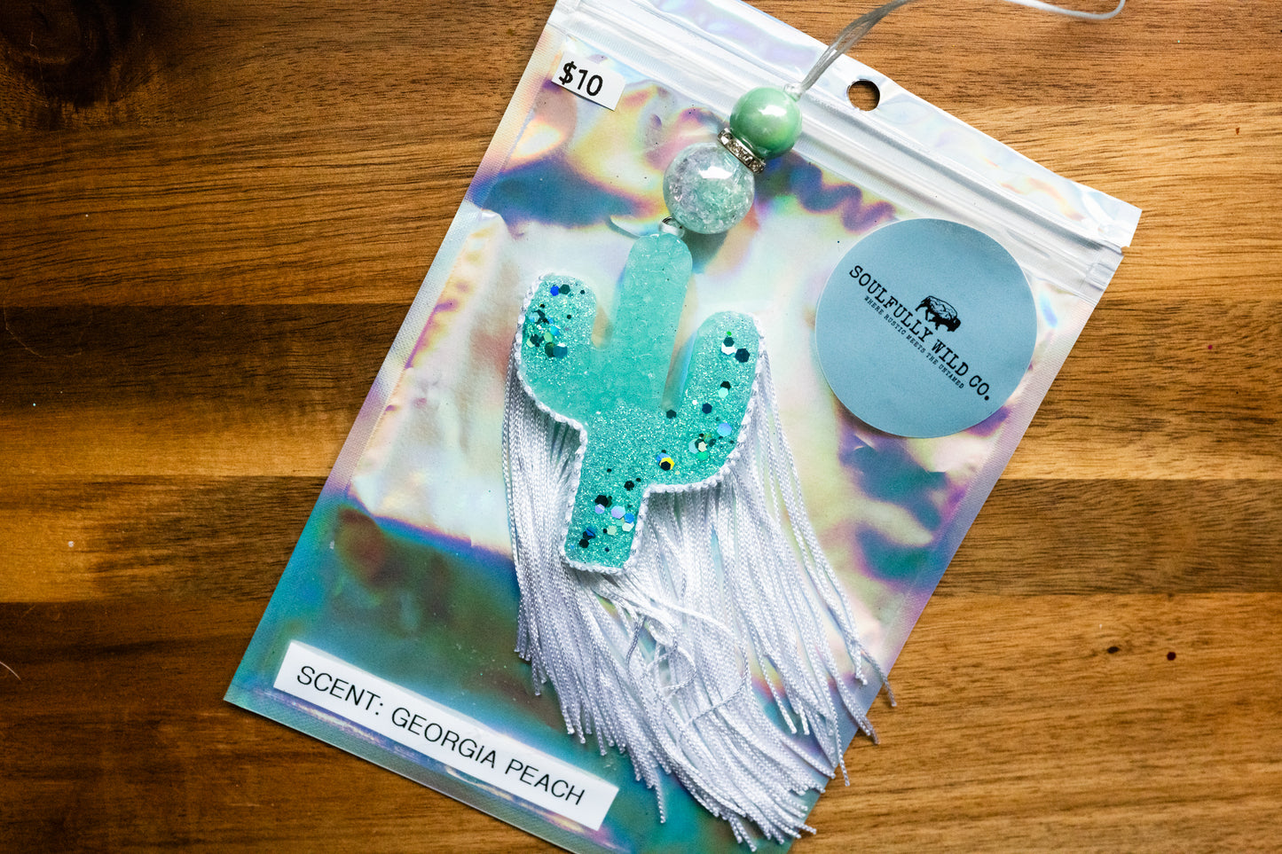 Soulful Air Freshener: Mini Cactus Teal/White (Scent: Georgia Peach)