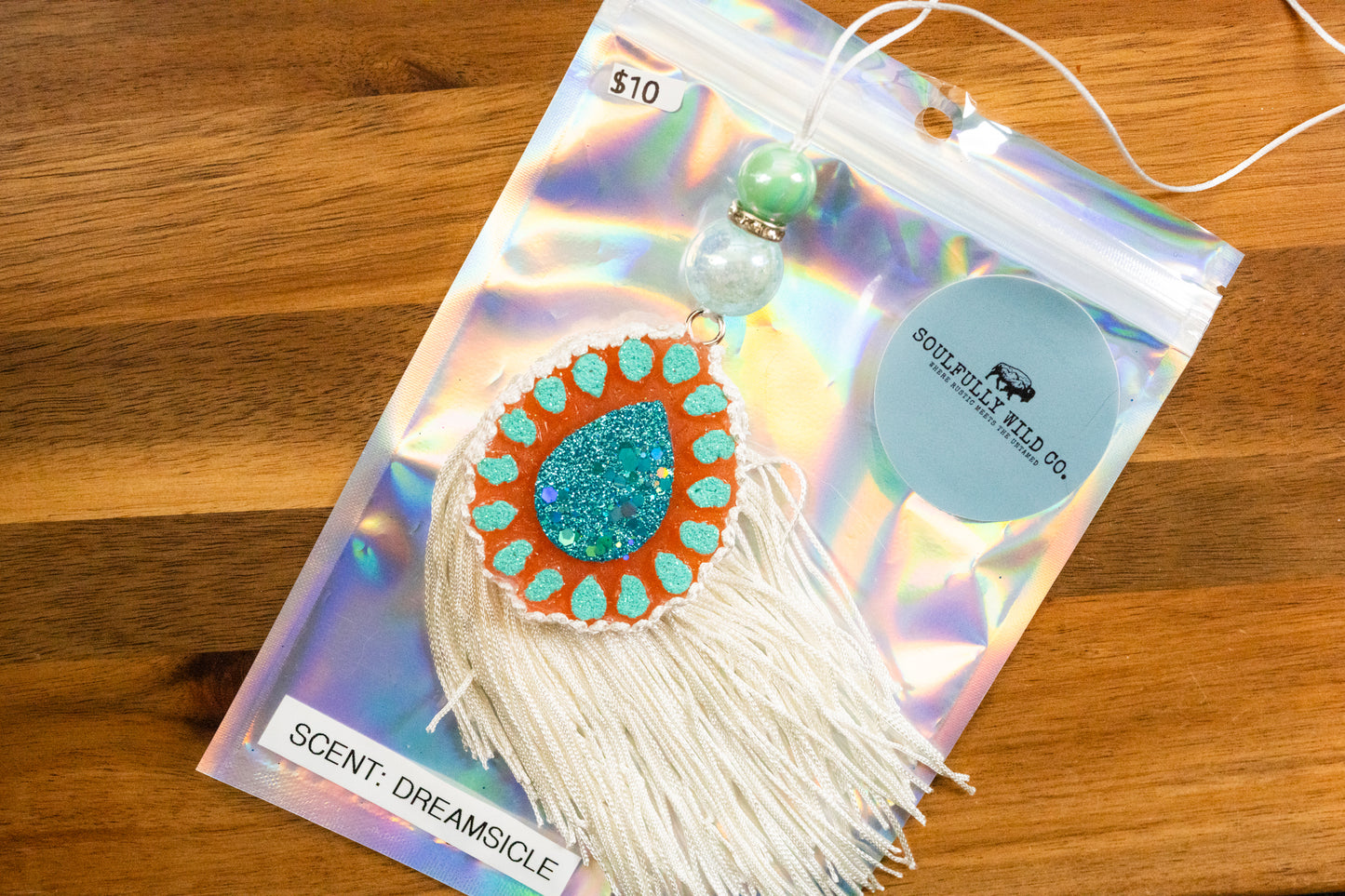 Soulful Air Freshener: Mini Tear Drop Concho White, Teal/Orange (Scent: Dreamsicle)