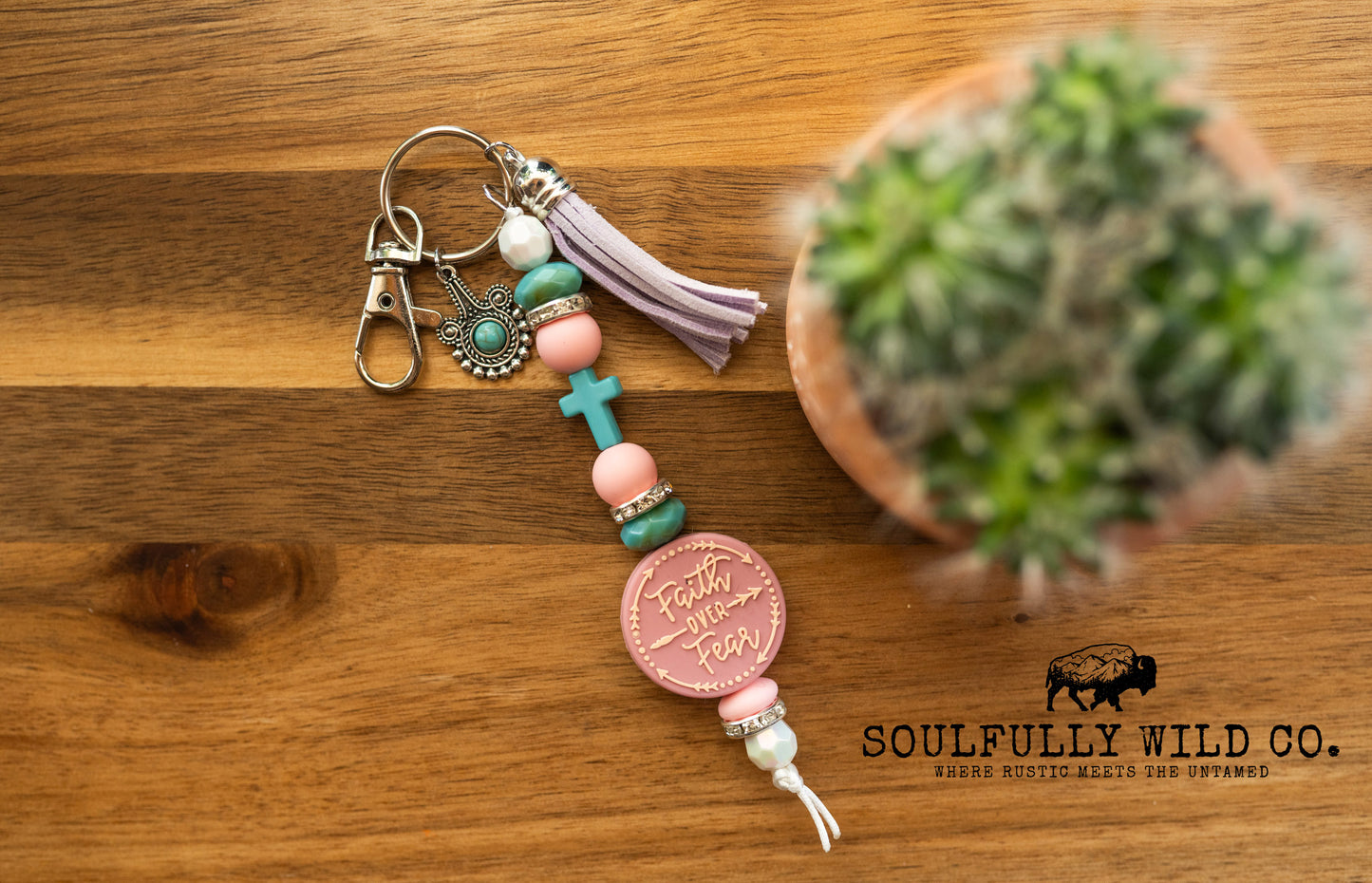 Wild Soul Keychain - "Faith Over Fear" Pink and Turquoise