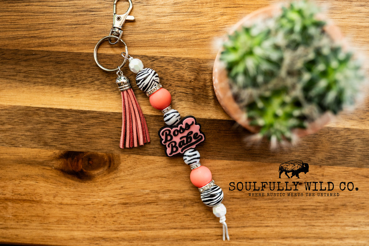 Wild Soul Keychain - "Boss Babe" Pink, Black and Zebra with pink tassels