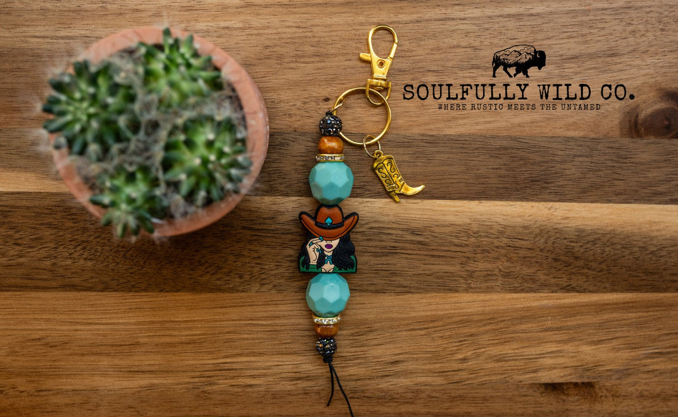 Wild Soul Keychain - Cowgirl, Turquoise Beads, Gold Cowboy Boot Charm