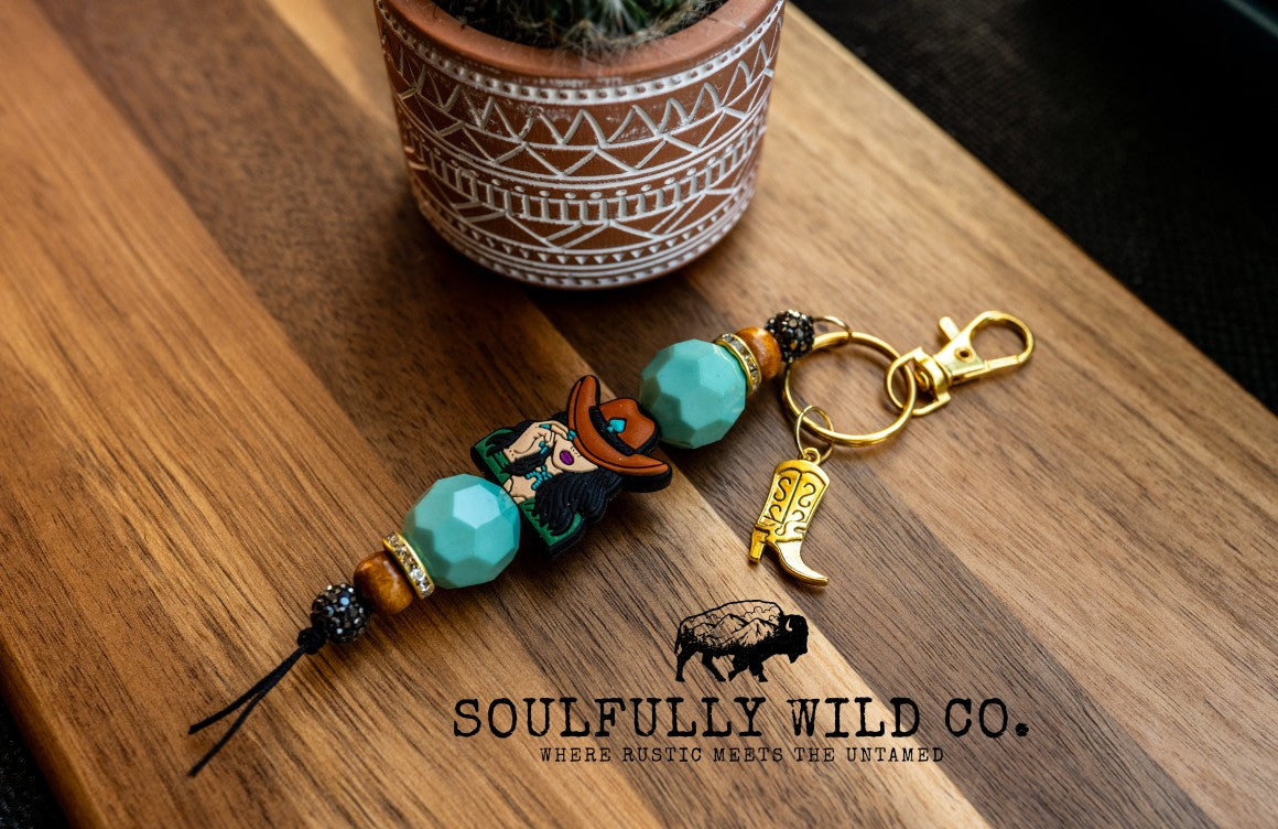 Wild Soul Keychain - Cowgirl, Turquoise Beads, Gold Cowboy Boot Charm