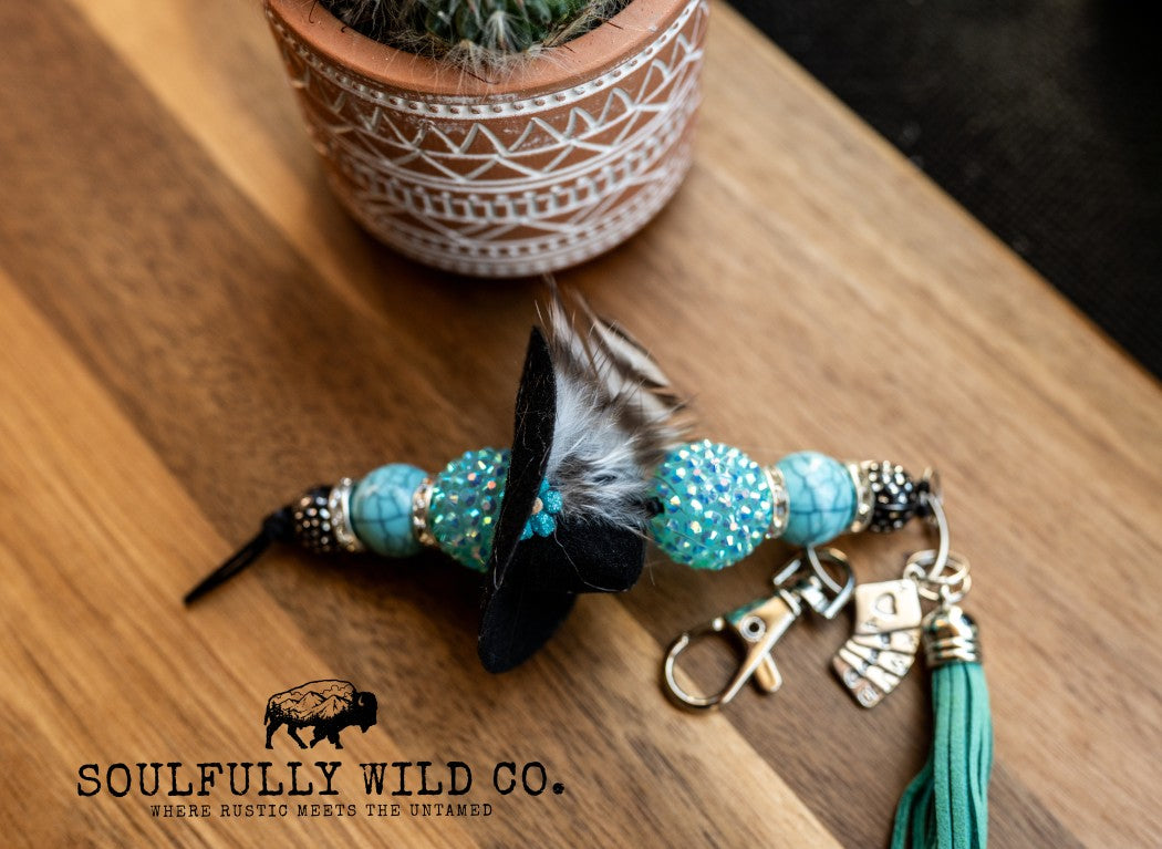 Wild Soul Keychain - Turquoise Beads and Black Cowboy Hat with Feathers
