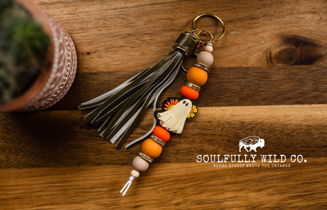 Wild Soul Keychain - Tan Ghost with Flowers