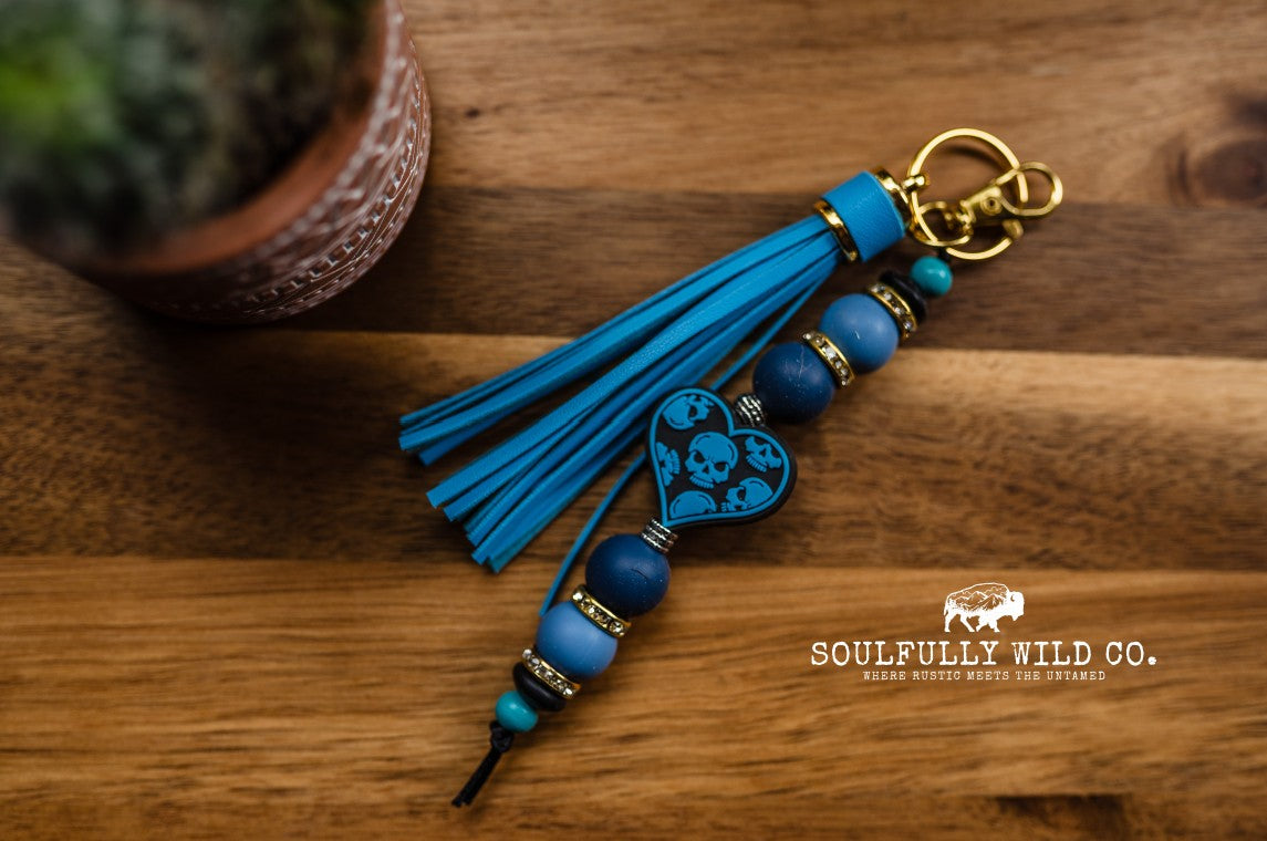 Wild Soul Keychain - Blue & Black Heart Skulls