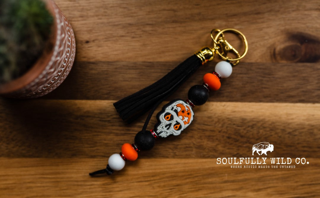 Wild Soul Keychain -White and Orange Skull