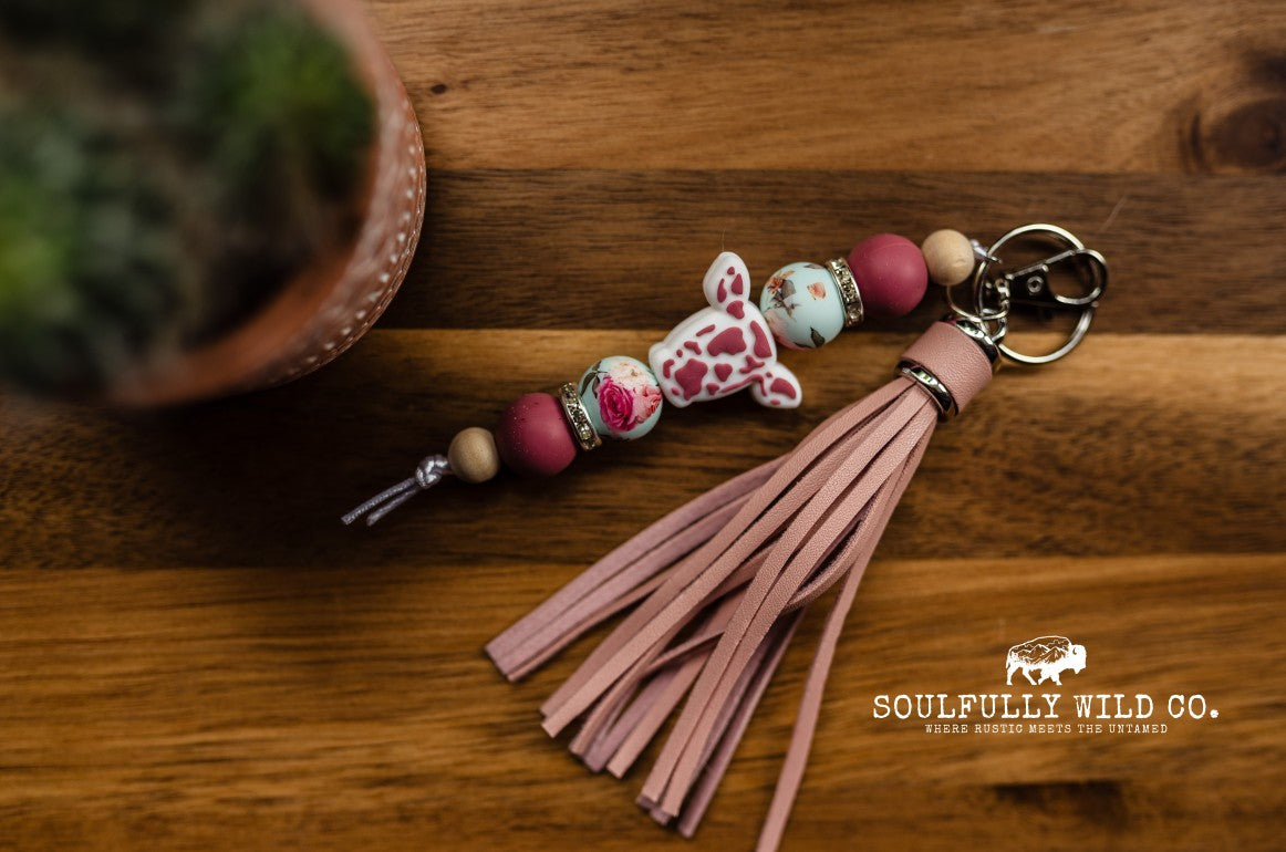 Wild Soul Keychain - Teal and Pink Flower Beads and Pink Cow Head