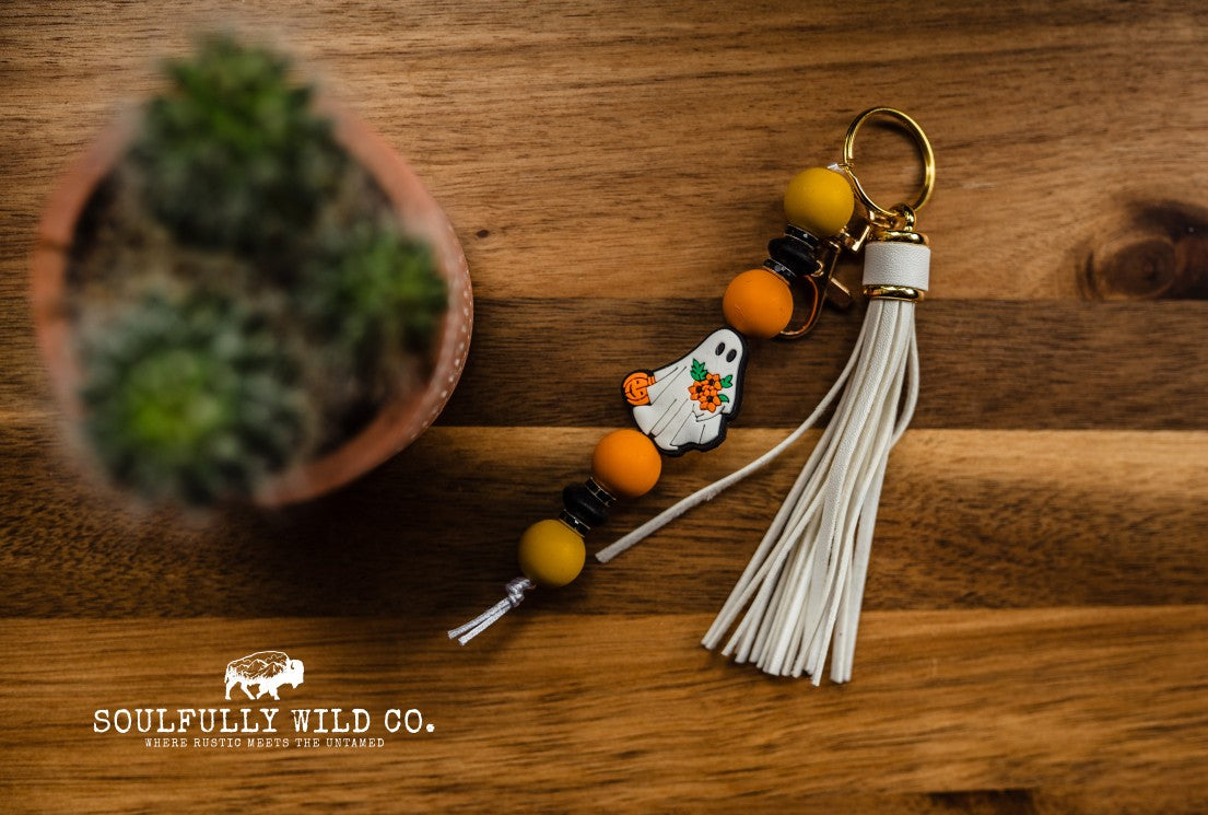 Wild Soul Keychain - White Ghost with Orange and Yellow/White Tassel