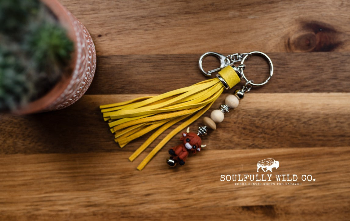Wild Soul Keychain - Highland Cow with Yellow Tassel