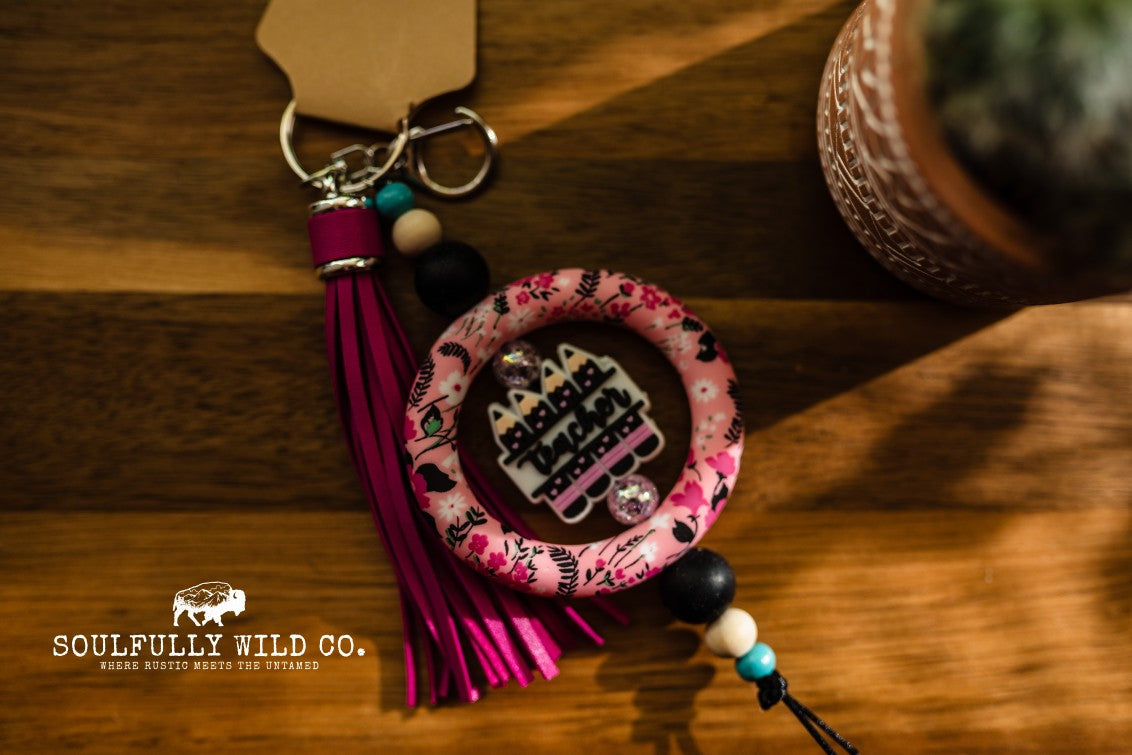 Wild Soul Keychain - Silicone Circle Pink Flower "Teacher"