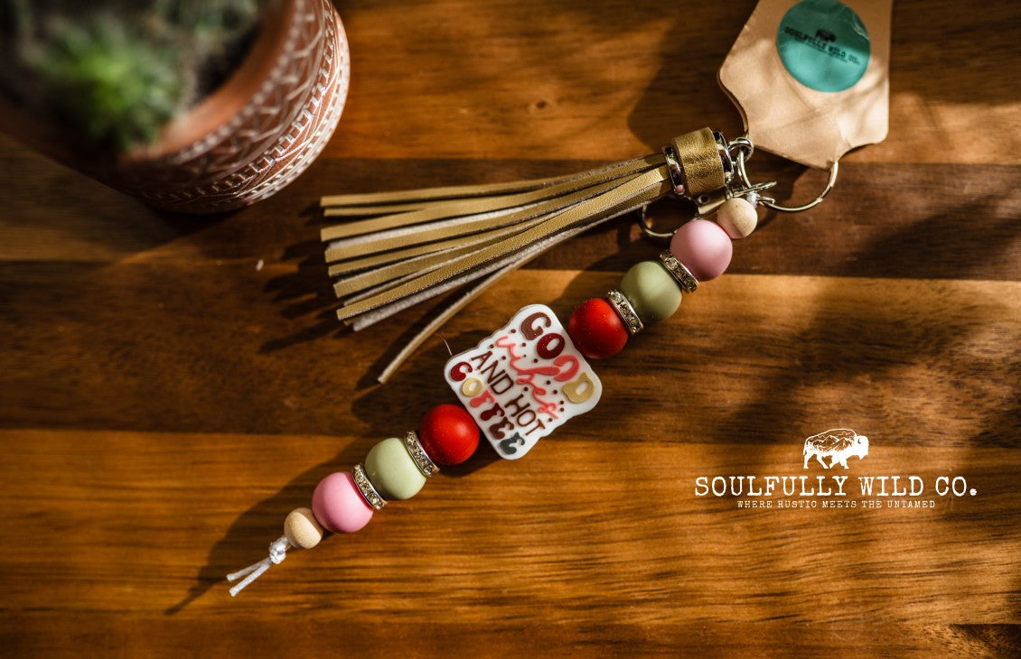 Wild Soul Keychain - "Good Vibes and Hot Coffee" Wood, Pink, Green and Red Beads