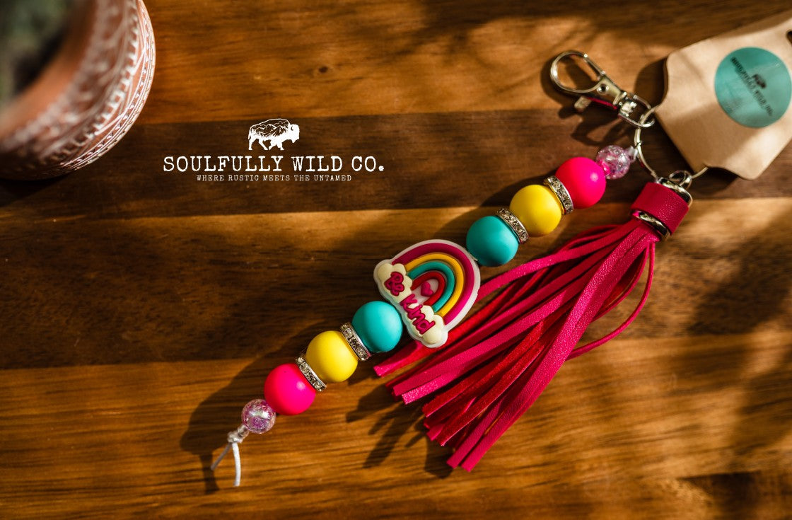 Wild Soul Keychain - "Be Kind" Rainbow with Pink Tassel