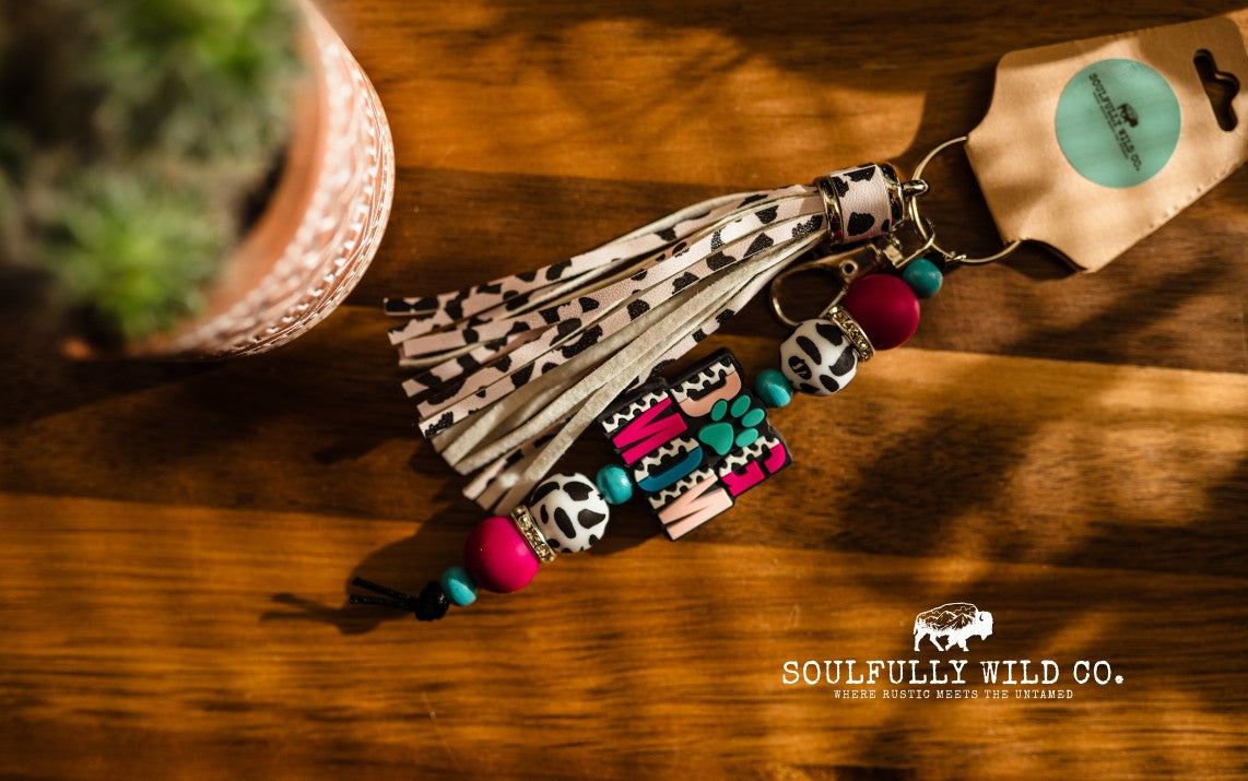 Wild Soul Keychain - "Dog Mom" Cow Print