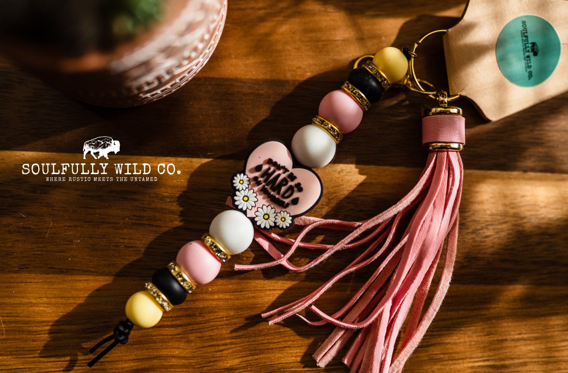 Wild Soul Keychain - "Don't Be So Hard On Yourself" Heart with Daisy Flowers