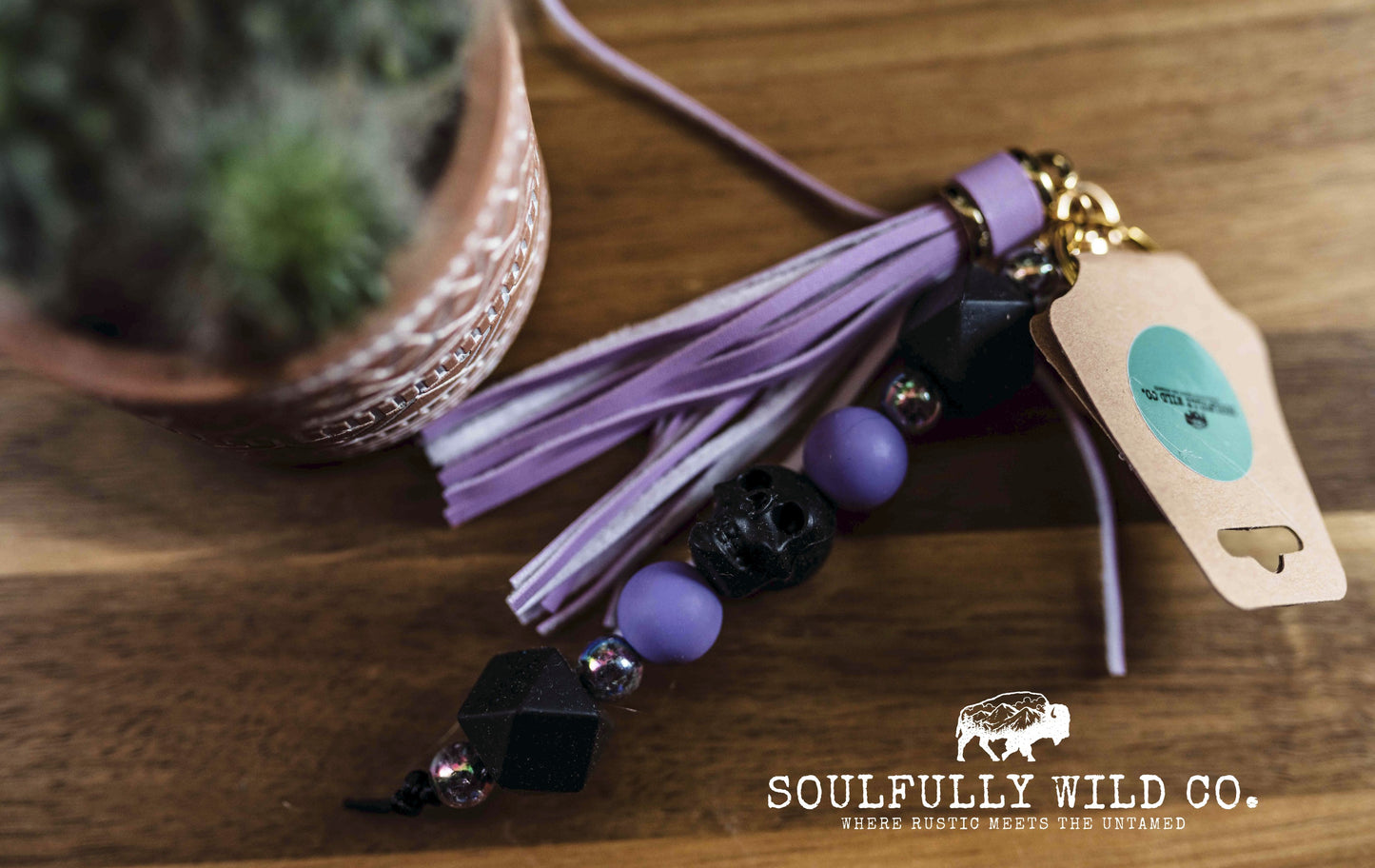 Wild Soul Keychain - Black Skull with Purple Tassel