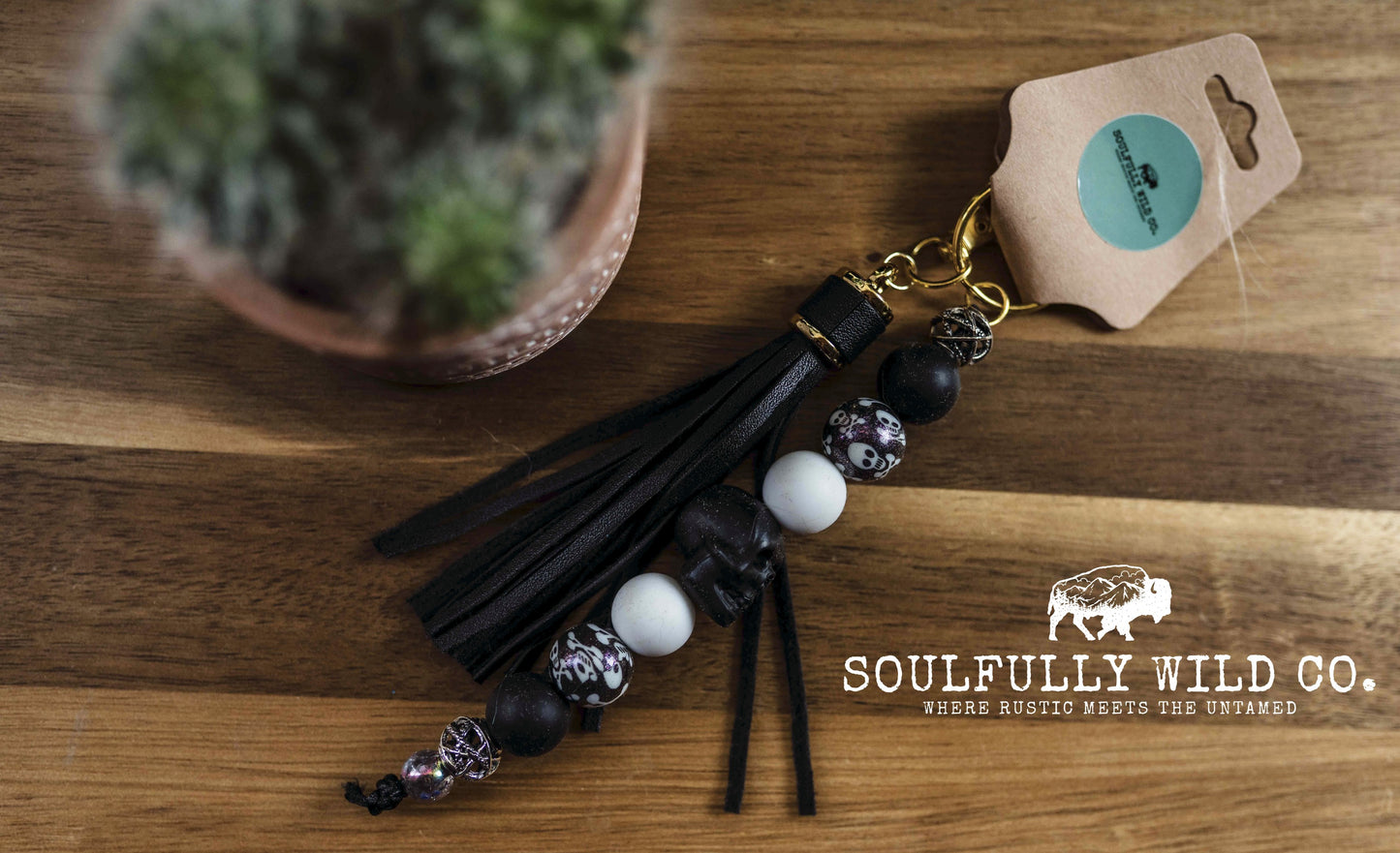 Wild Soul Keychain - Black Skull with Purple Skull Beads