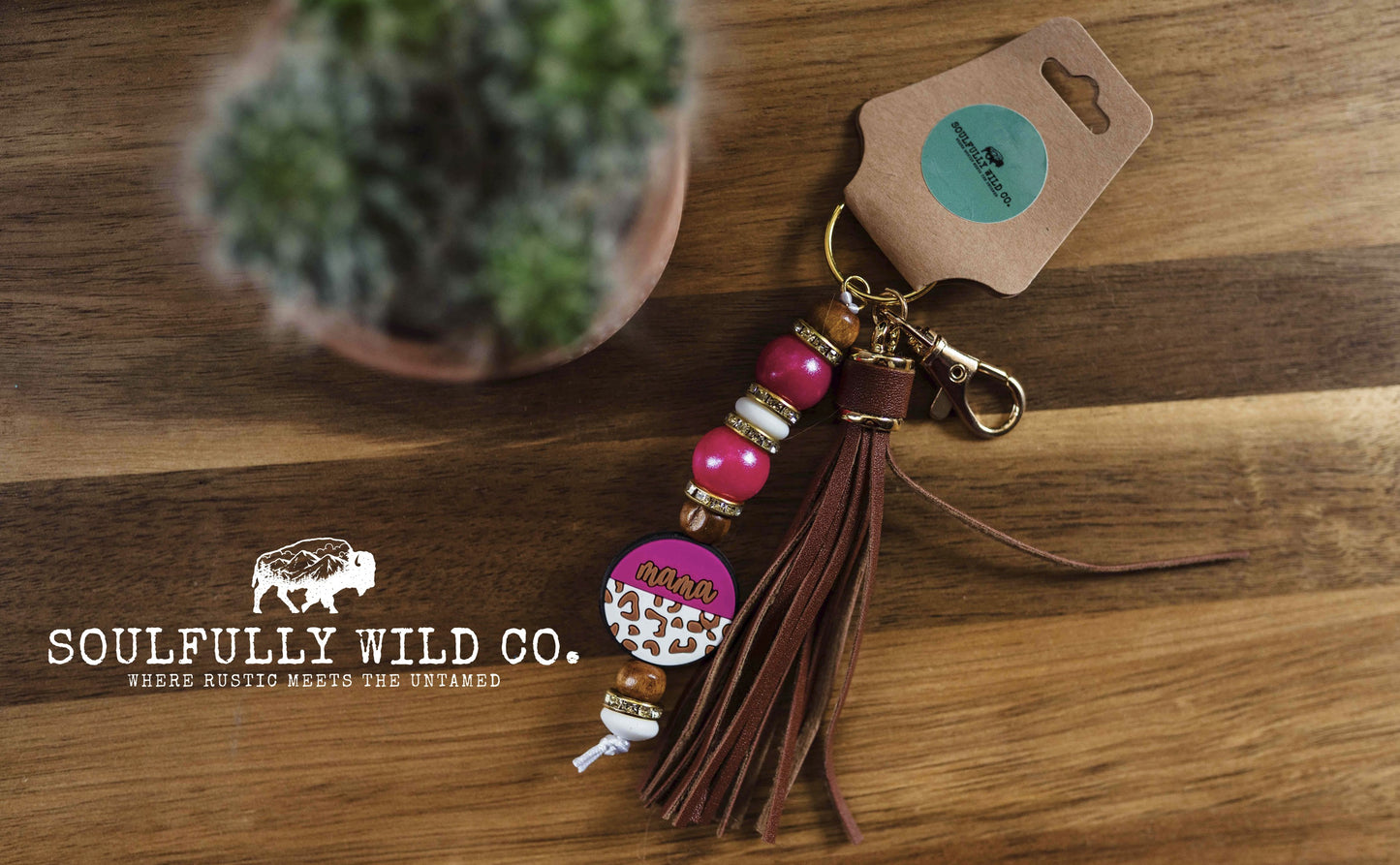 Wild Soul Keychain - "Mama" Circle with Pink and Cow Print