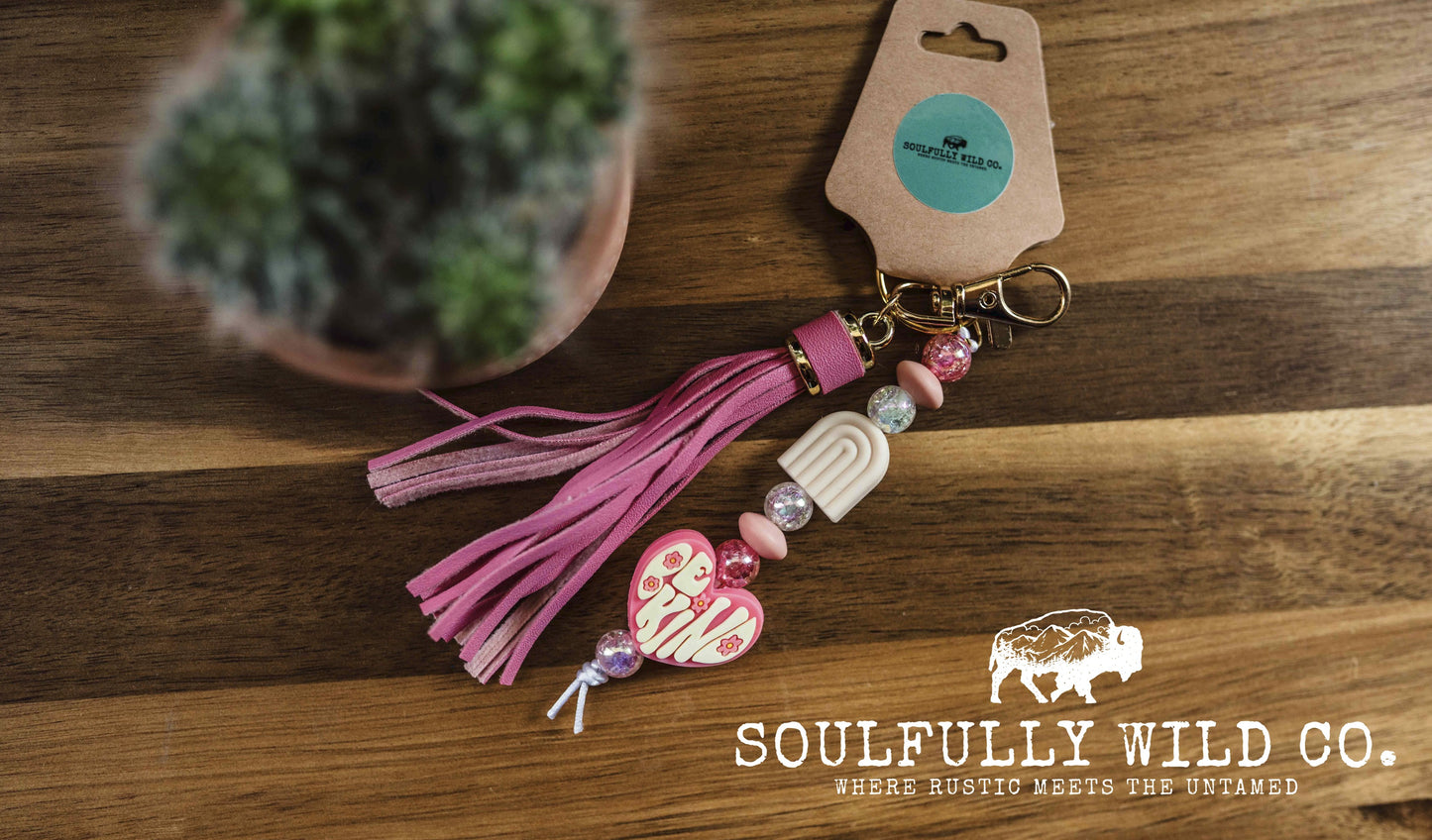 Wild Soul Keychain - Pink Heart "Be Kind" Pink, Yellow Rainbow Beads