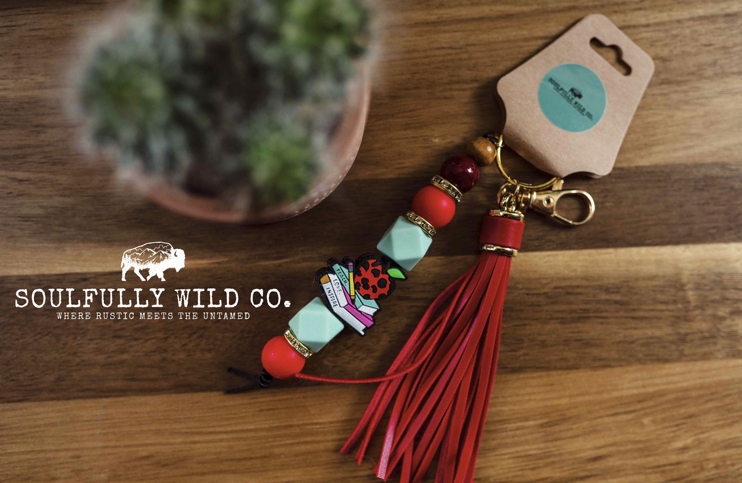 Wild Soul Keychain - "Teach. Love. Inspire" Apple with Books