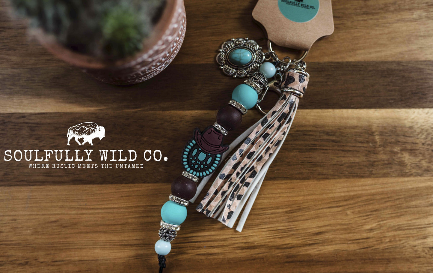 Wild Soul Keychain - Concho with Cowboy Hat (Dark Brown and Cow Print Tassel)