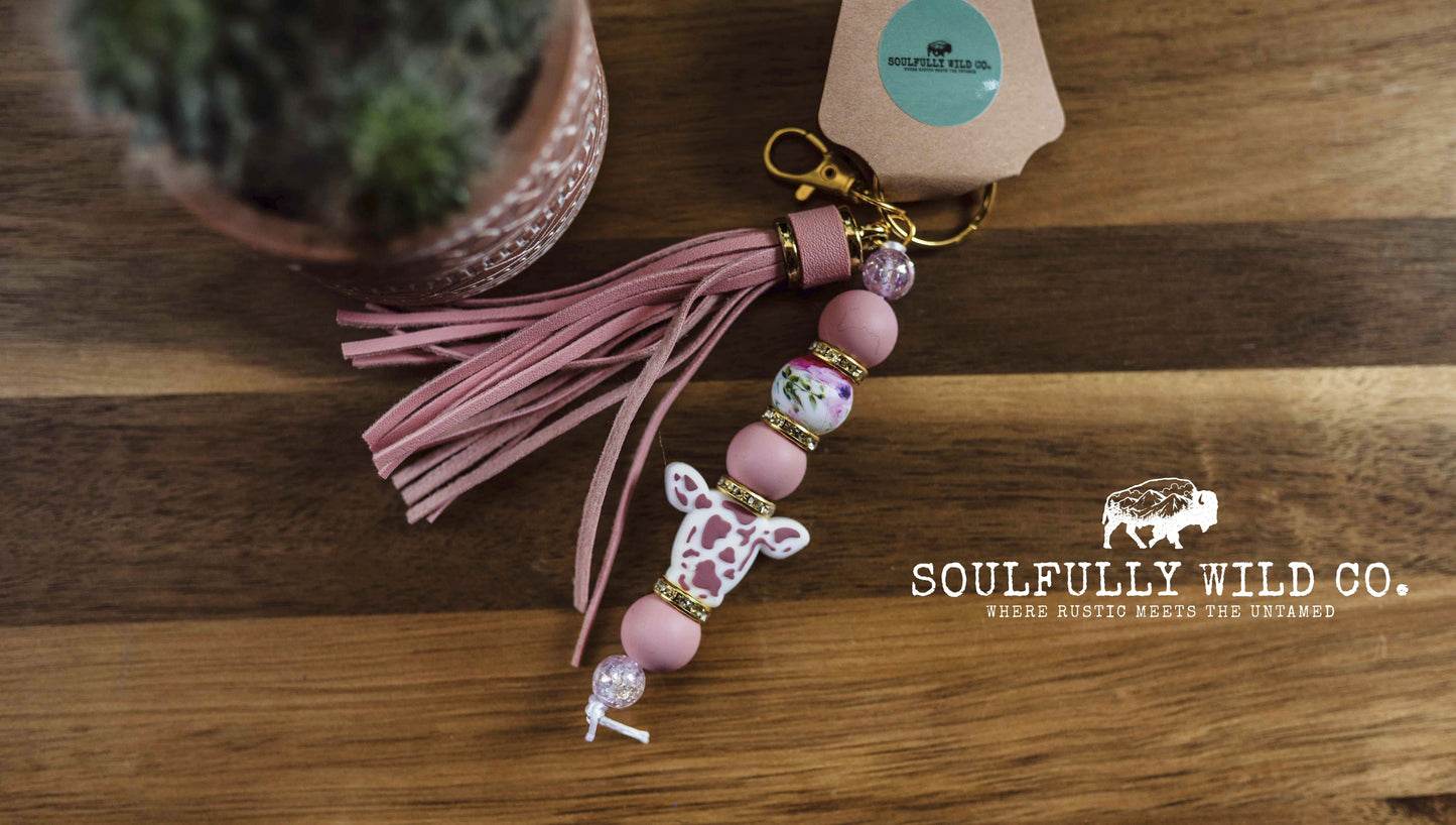 Wild Soul Keychain - Pink Cow Head with Focal Flower Beads/Pink Tassel
