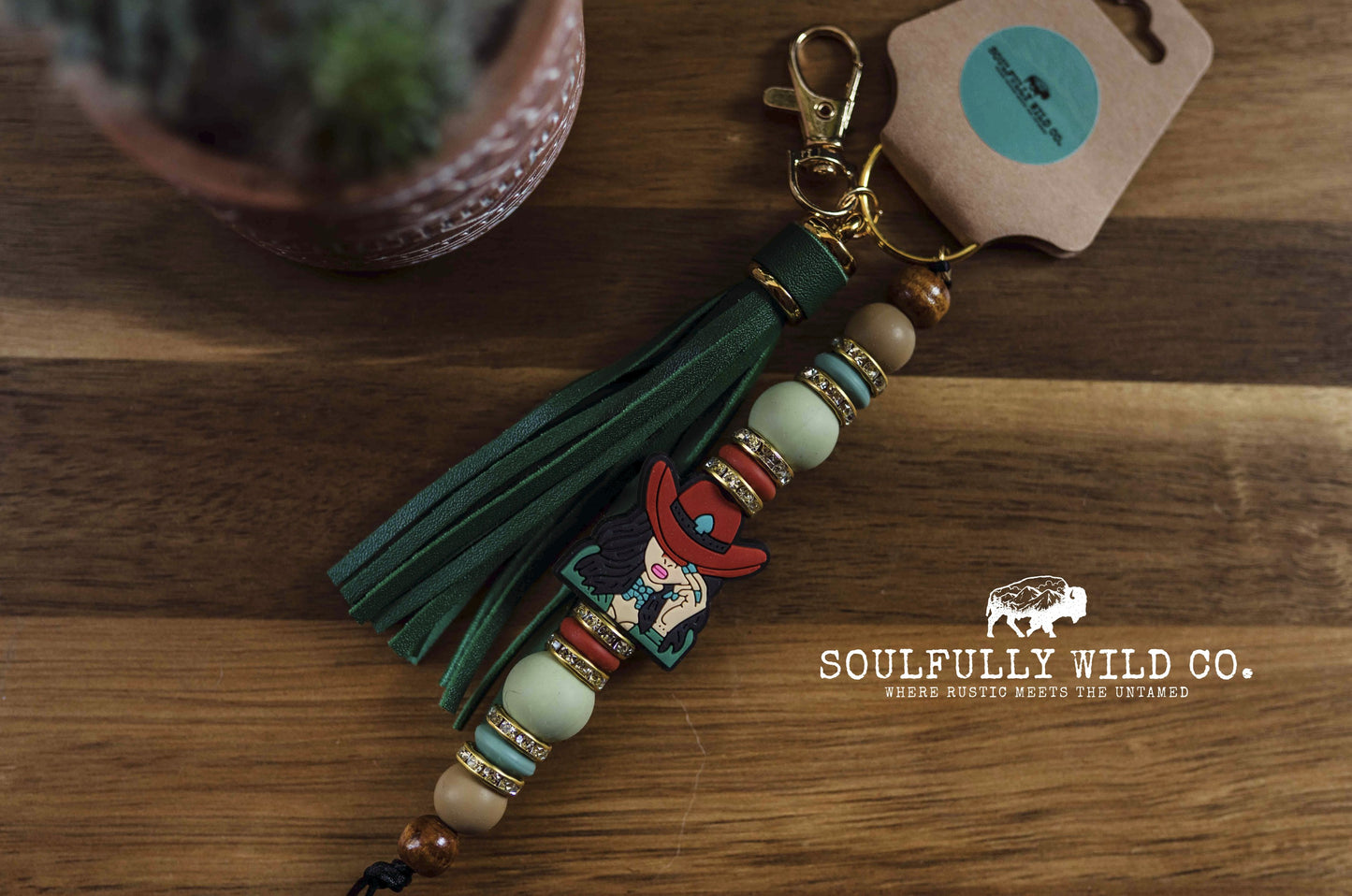 Wild Soul Keychain - Cowgirl with Green Tassel