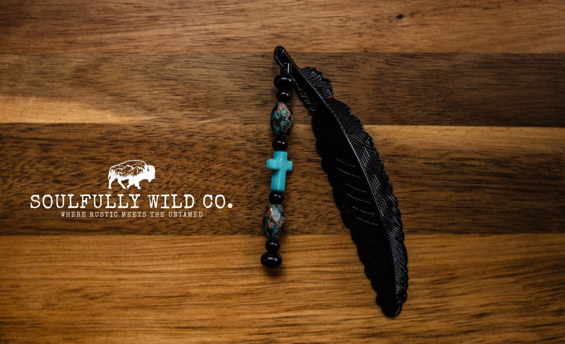Soulful Black Feather Bookmark - Black, Turquoise/Gold/Bronze with Turquoise Cross